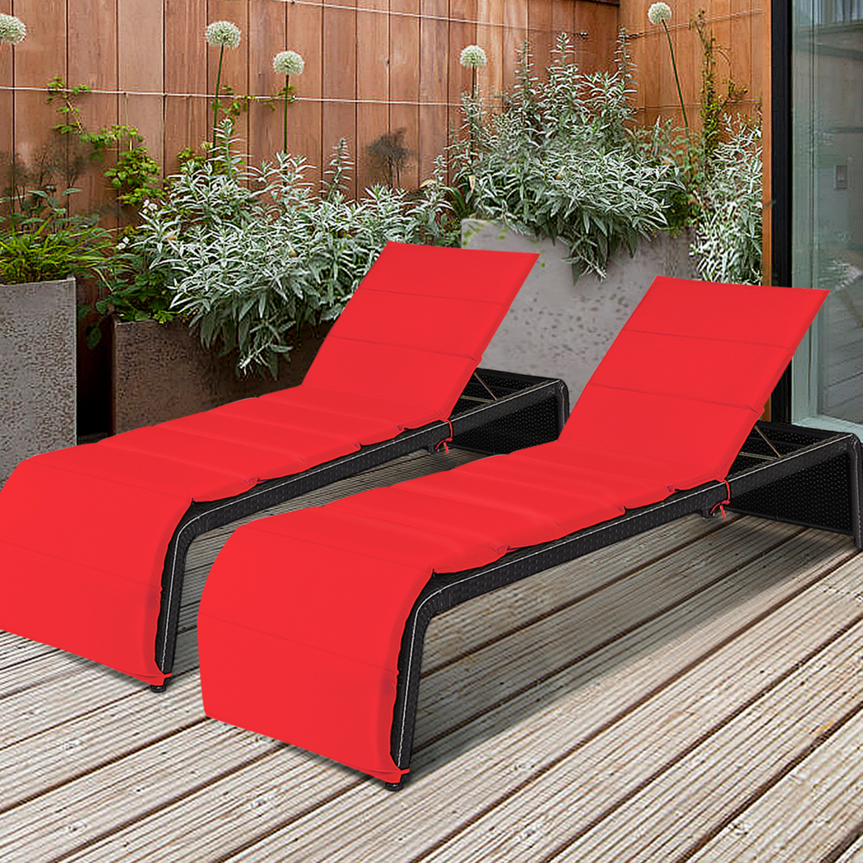 Set Of 2 Adjustable Rattan Patio Recliner Chaise Lounge Chair W/ Red Cushion