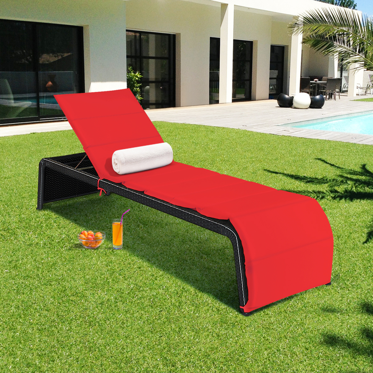 Adjustable Rattan Patio Recliner Chaise Lounge Chair W/ Red Cushion