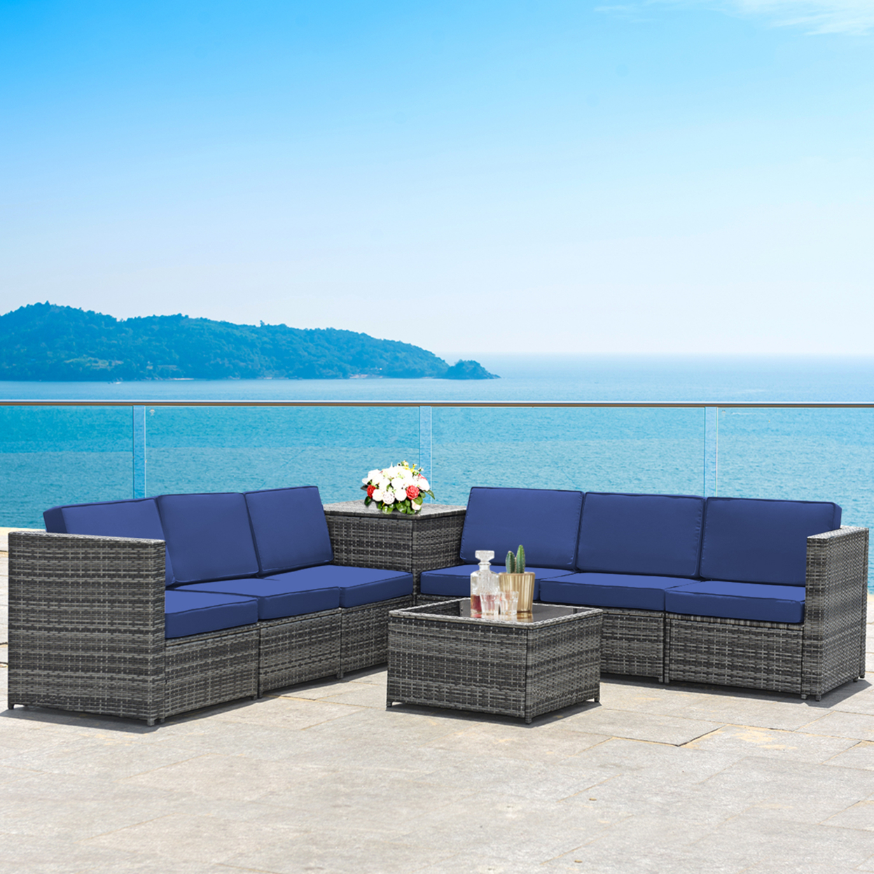 8PCS Patio Rattan Sofa Sectional Conversation Furniture Set W/ Navy Cushion