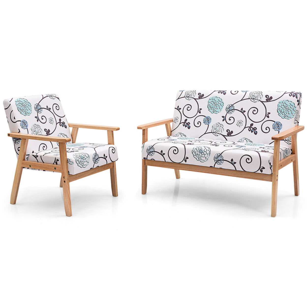 Modern Living Room Sofa Set W/ Loveseat Sofa Couch & Accent Armchair - White & Blue Floral