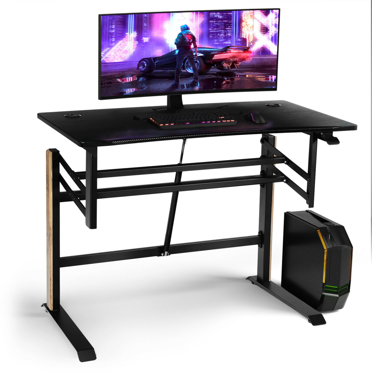 Pneumatic Height Adjustable Gaming Desk T Shaped Game Station W/Power Strip Tray