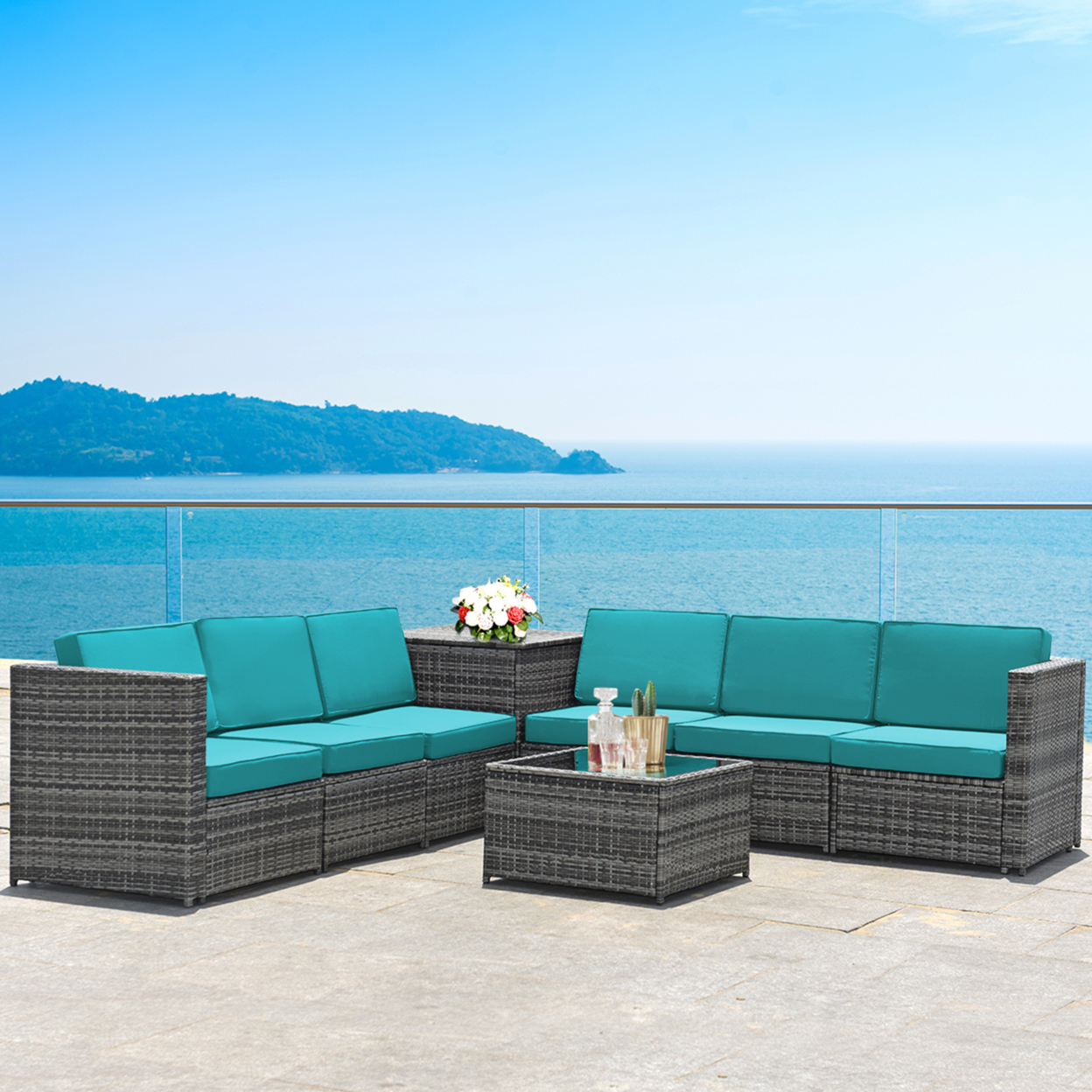 8PCS Patio Rattan Sofa Sectional Conversation Furniture Set W/ Turquoise Cushion