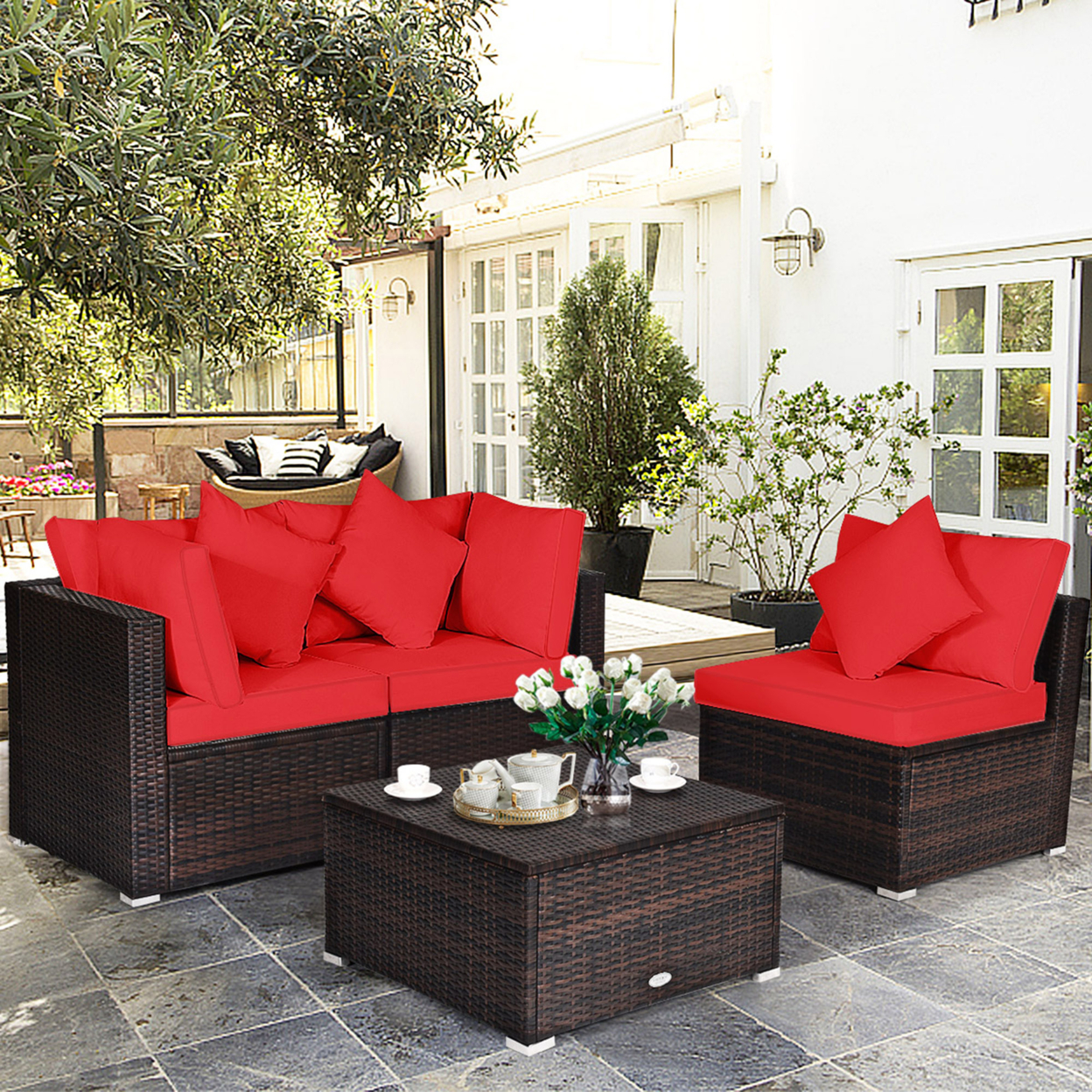 4PCS Rattan Patio Conversation Furniture Set Yard Outdoor W/ Red Cushion