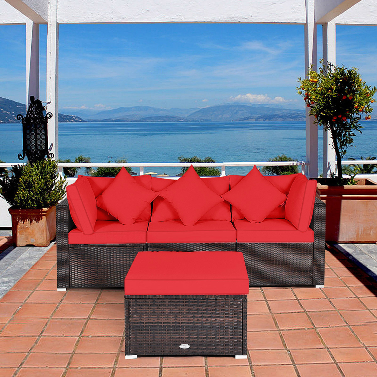 4PCS Rattan Patio Conversation Furniture Set Yard Outdoor W/ Red Cushion