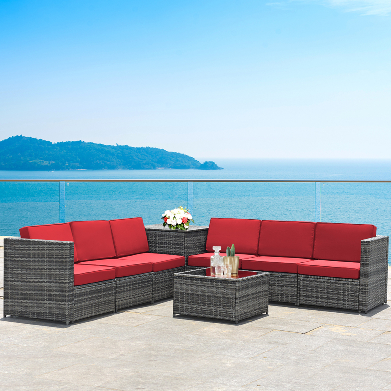 8PCS Patio Rattan Sofa Sectional Conversation Furniture Set W/ Red Cushion