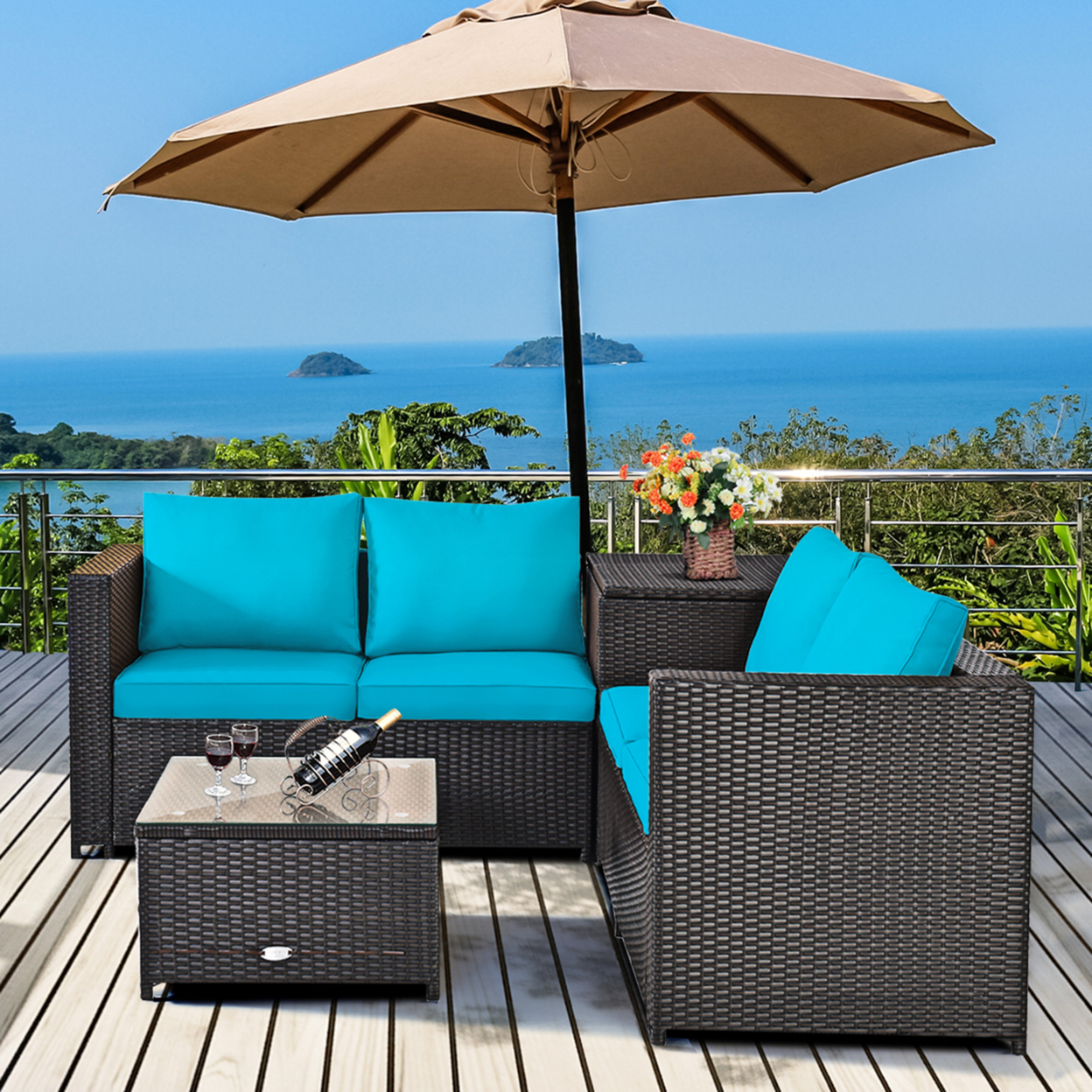4PCS Cushioned Rattan Patio Conversation Set W/ Side Table Turquoise Cushion