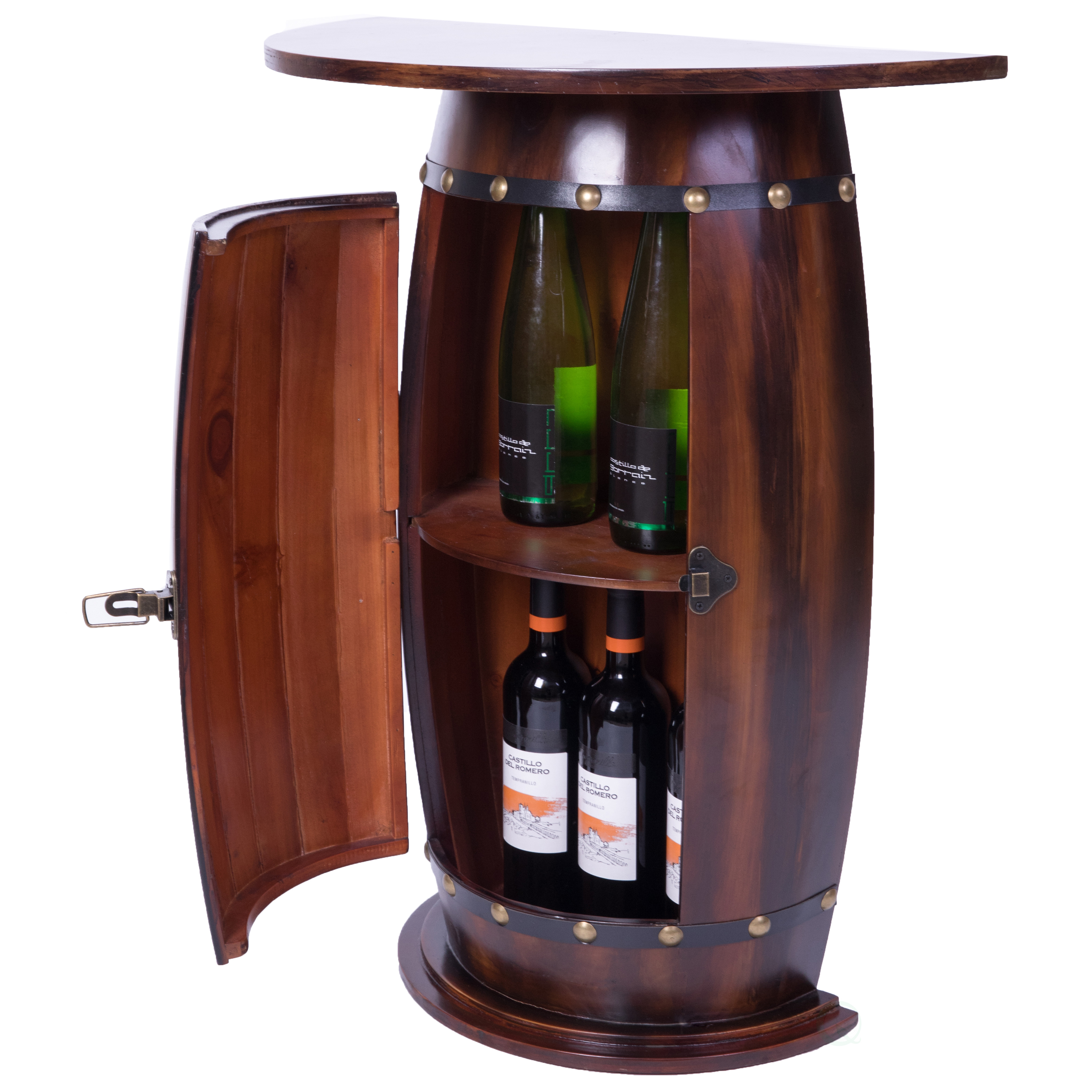Rustic Lockable Barrel Shaped Wine Bar Cabinet Wooden End Table