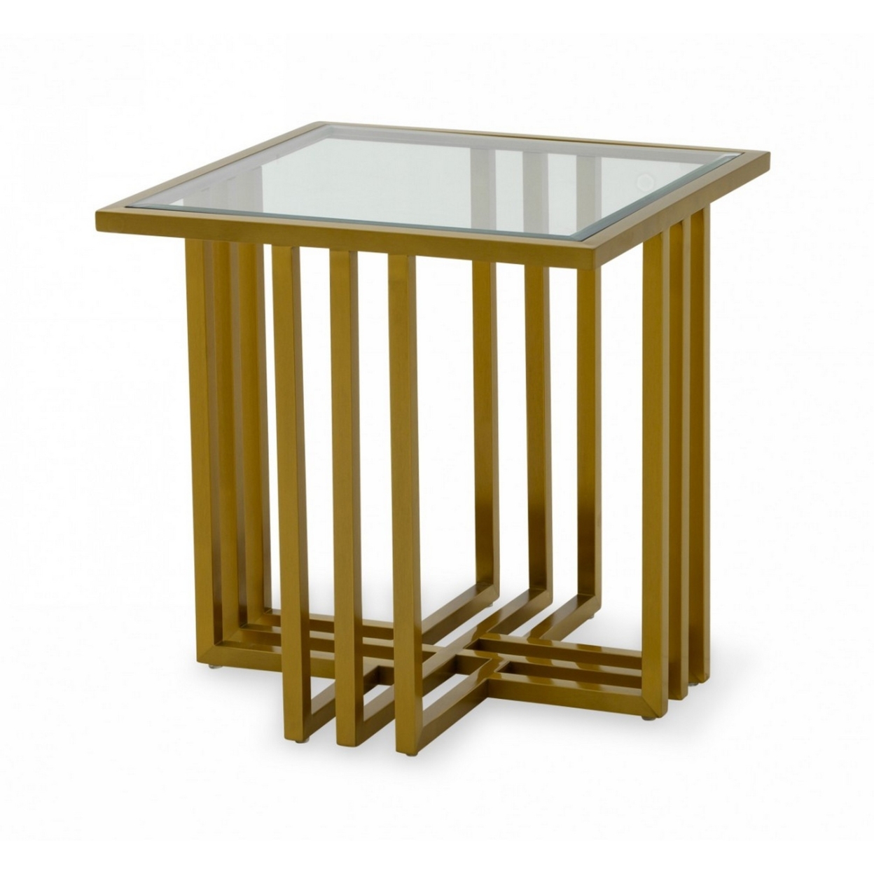 Square Glass Top End Table With Slatted Cross Base, Gold- Saltoro Sherpi