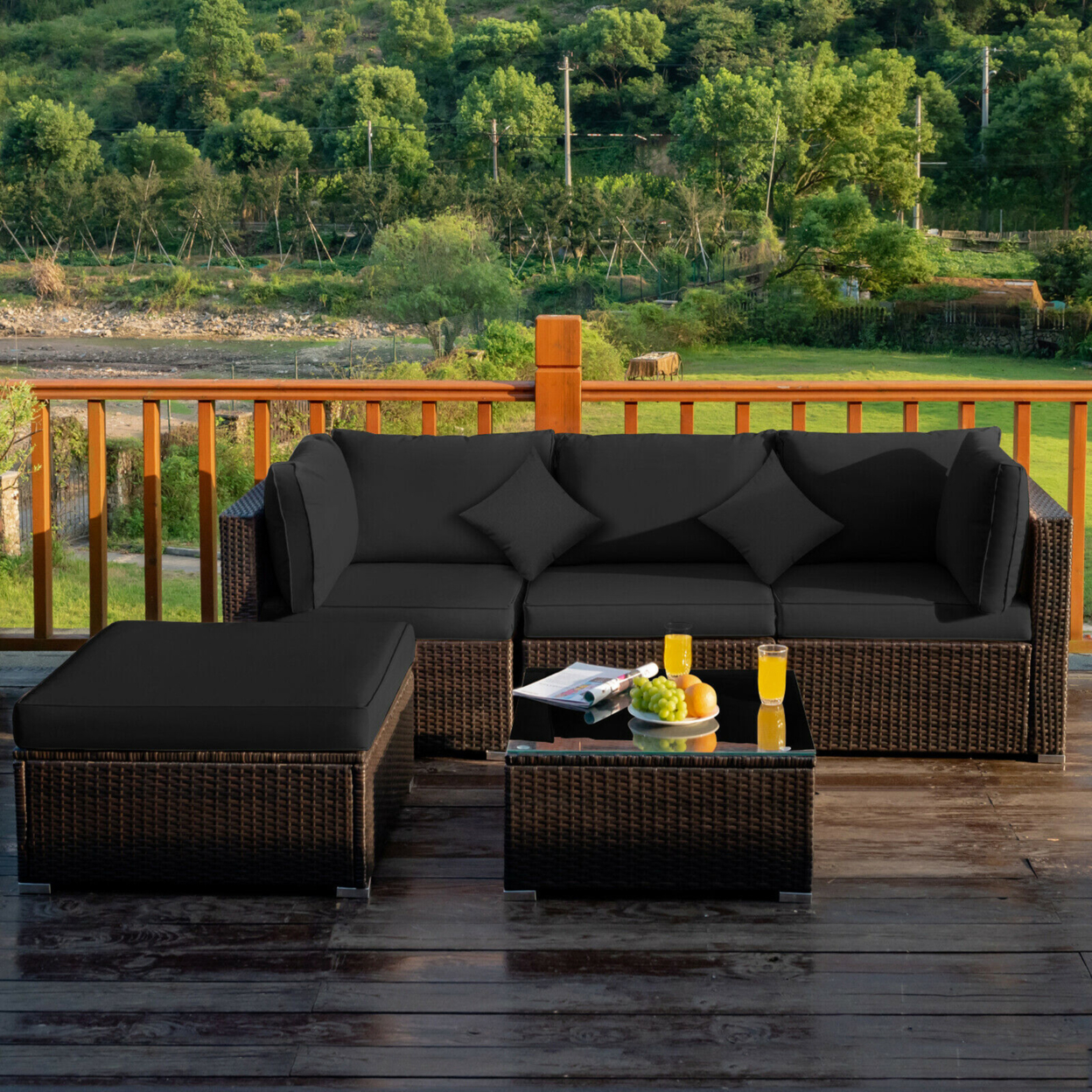5PCS Rattan Patio Conversation Set Outdoor Furniture Set W/ Ottoman Black Cushion