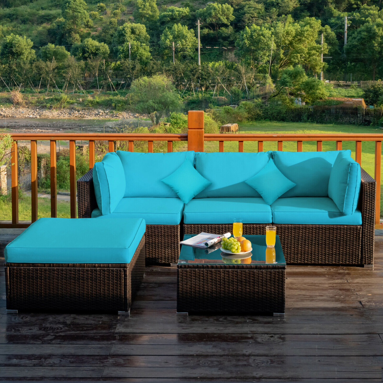 5PCS Rattan Patio Conversation Set Outdoor Furniture Set W/ Ottoman Turquoise Cushion