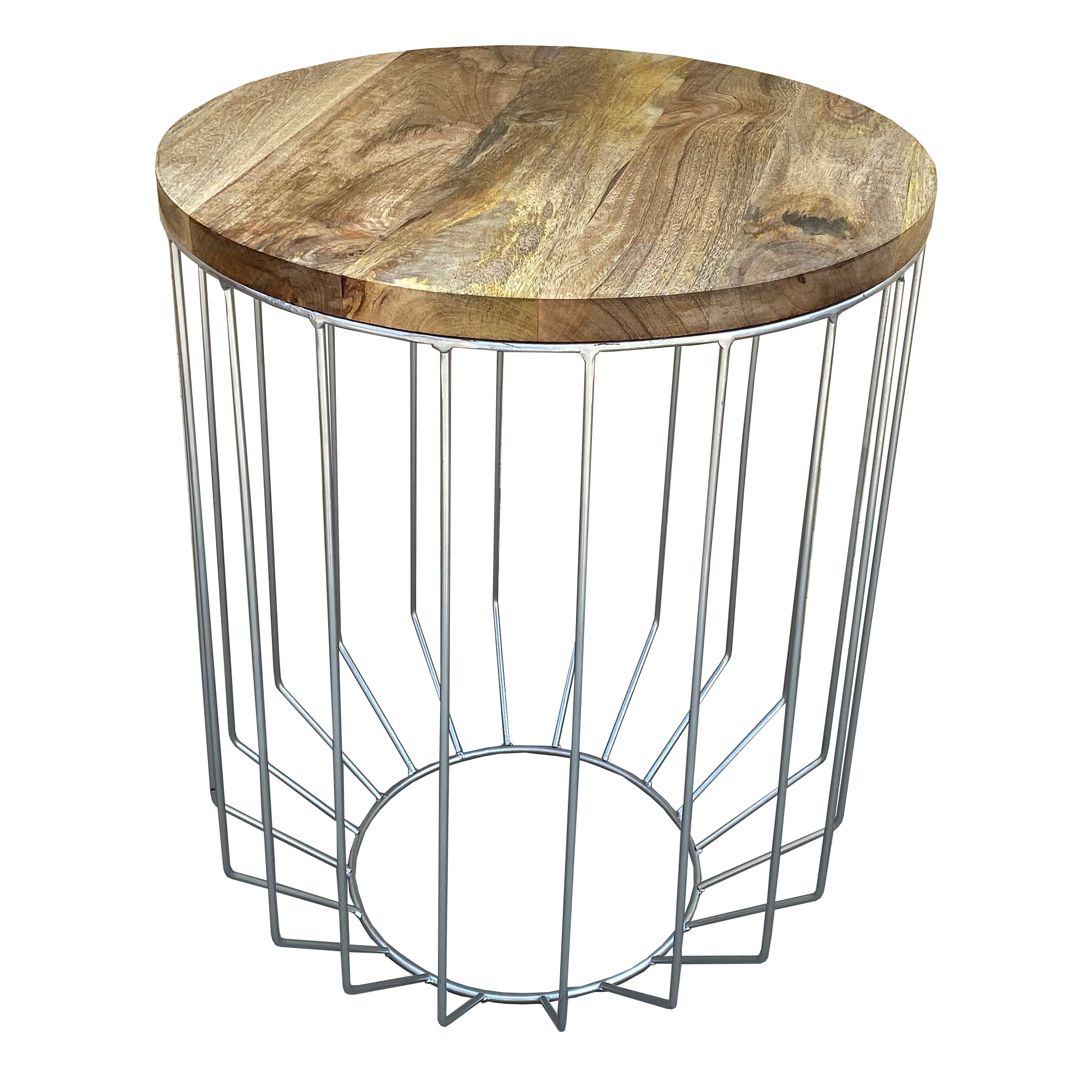 25 Inch Mango Wood Round Side End Accent Table, Tapered Slatted Cage Design, Handcrafted, Natural, Chrome- Saltoro Sherpi