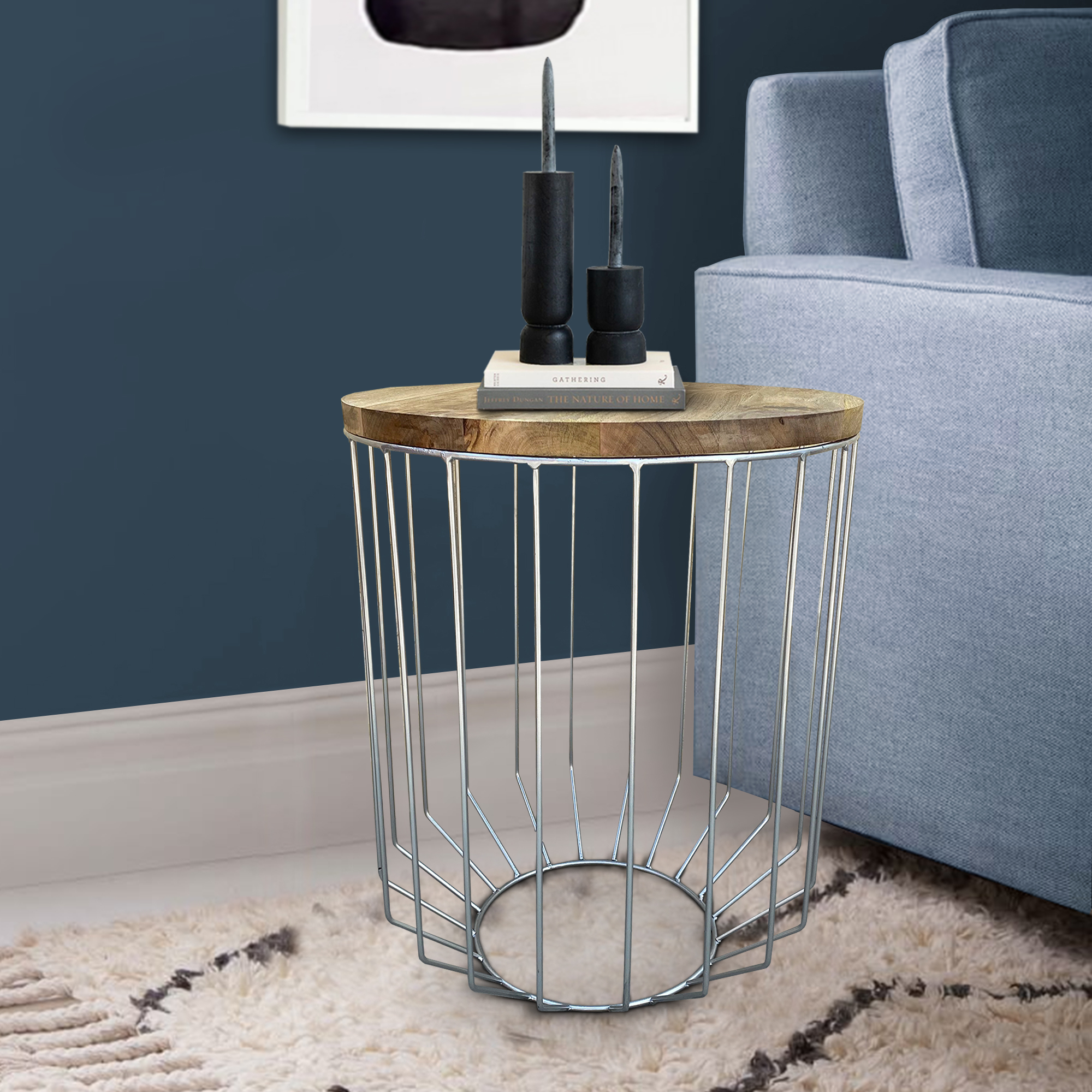 25 Inch Mango Wood Round Side End Accent Table, Tapered Slatted Cage Design, Handcrafted, Natural, Chrome- Saltoro Sherpi