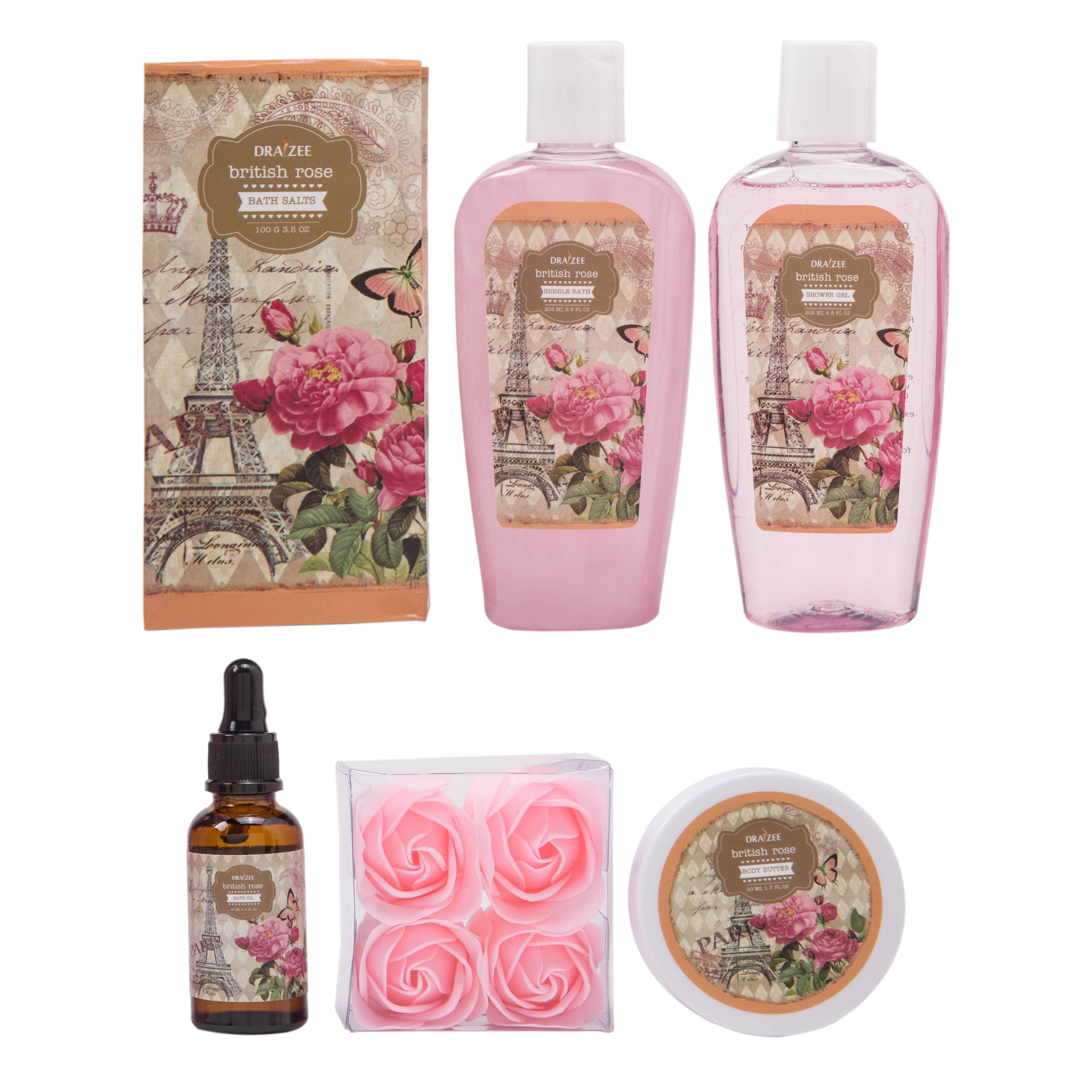 Draizee Spa Gift Bag For Woman W/ British Rose Fragrance Luxury Skin Care Set - Shower Gel, Bubble Bath, Body Butter, Bath Salt, Bath Oil