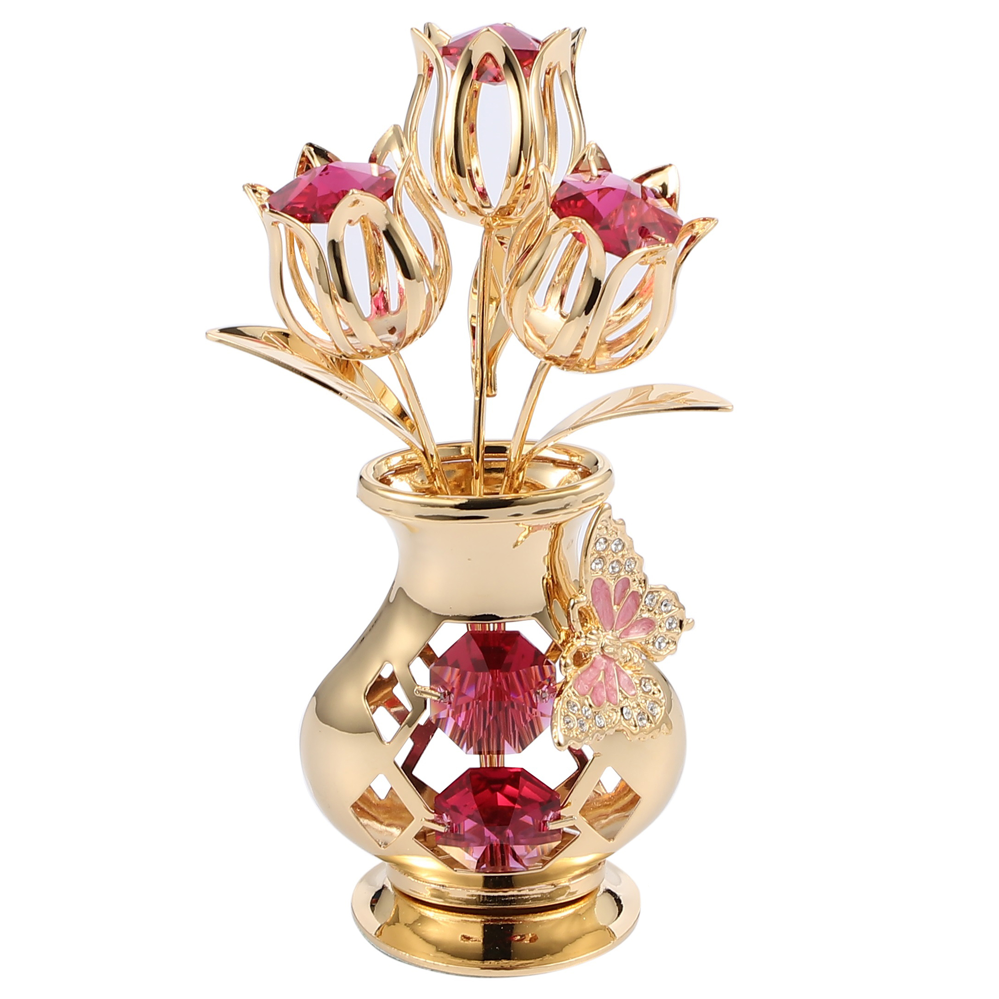 Matashi 24K Gold Plated Crystal Studded Flower Ornament In Vase With Decorative Butterfly Gift For Christmas Valentine's Day (Red Crystals)