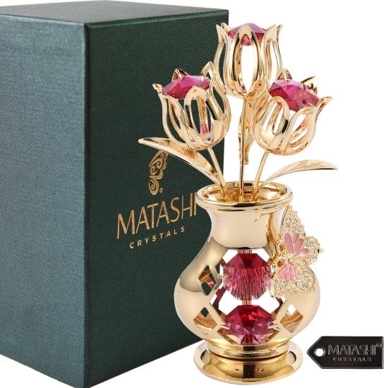 Matashi 24K Gold Plated Crystal Studded Flower Ornament In Vase With Decorative Butterfly Gift For Christmas Valentine's Day (Red Crystals)
