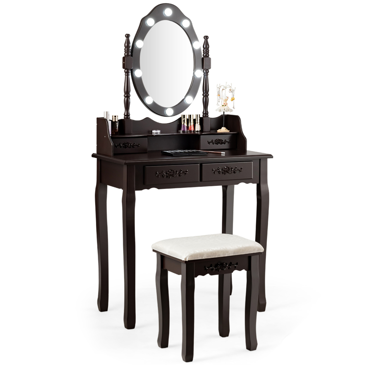 Makeup Vanity Dressing Table Set W/10 Dimmable Bulbs Cushioned Stool - Brown
