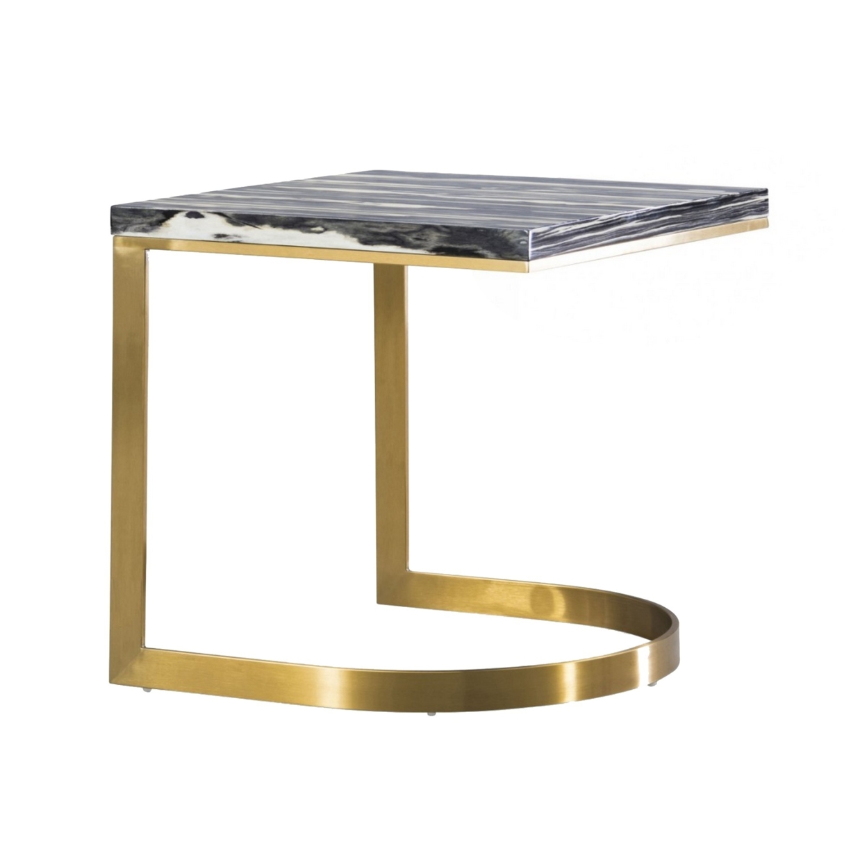 Faux Marble Top End Table With Metal Round Cantilever Base, Black And Gold- Saltoro Sherpi
