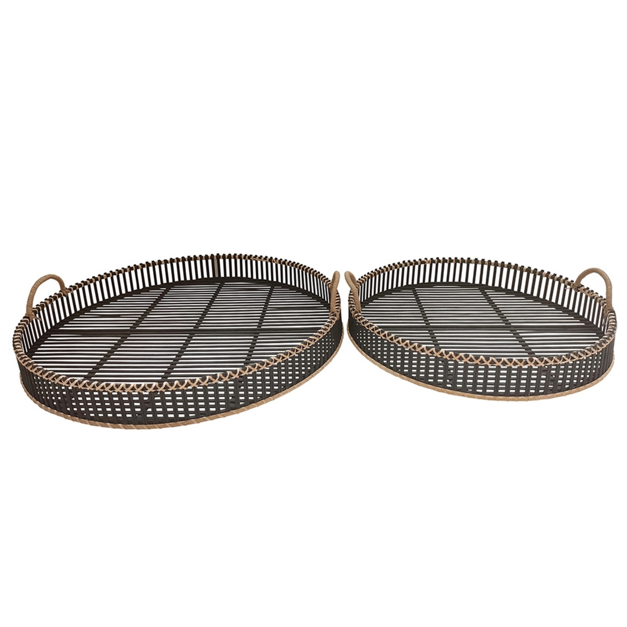 Round Shaped Bamboo Tray With Curved Handle, Set Of 2, Black- Saltoro Sherpi