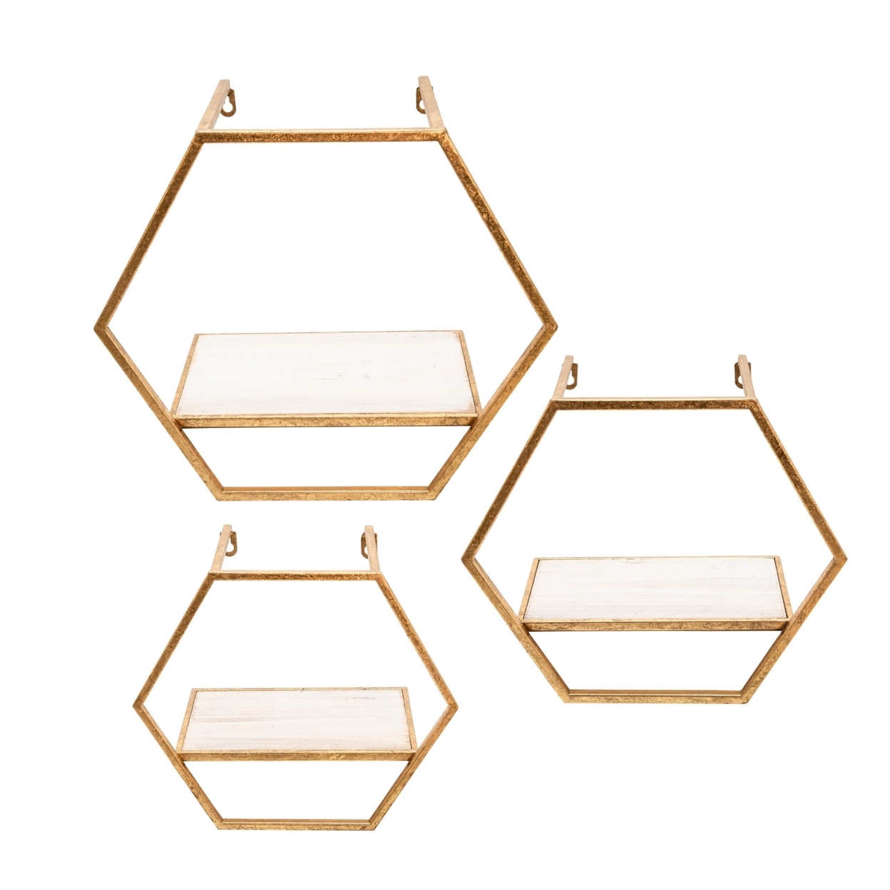Hexagon Shaped Metal And Wooden Shelf, Set Of 3, Gold- Saltoro Sherpi
