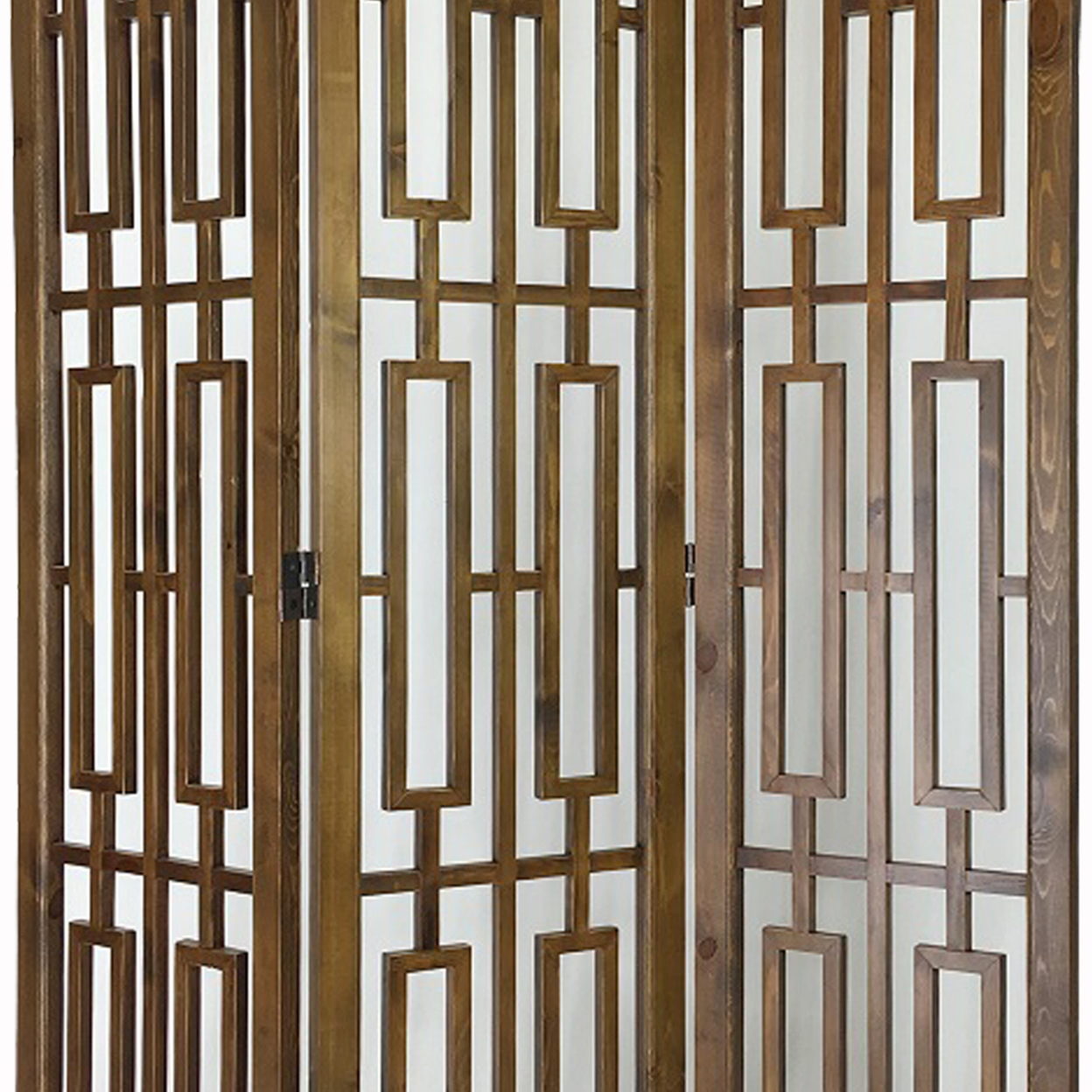 3 Panel Grained Wooden Frame Screen With Lattice Cut Outs, Brown- Saltoro Sherpi