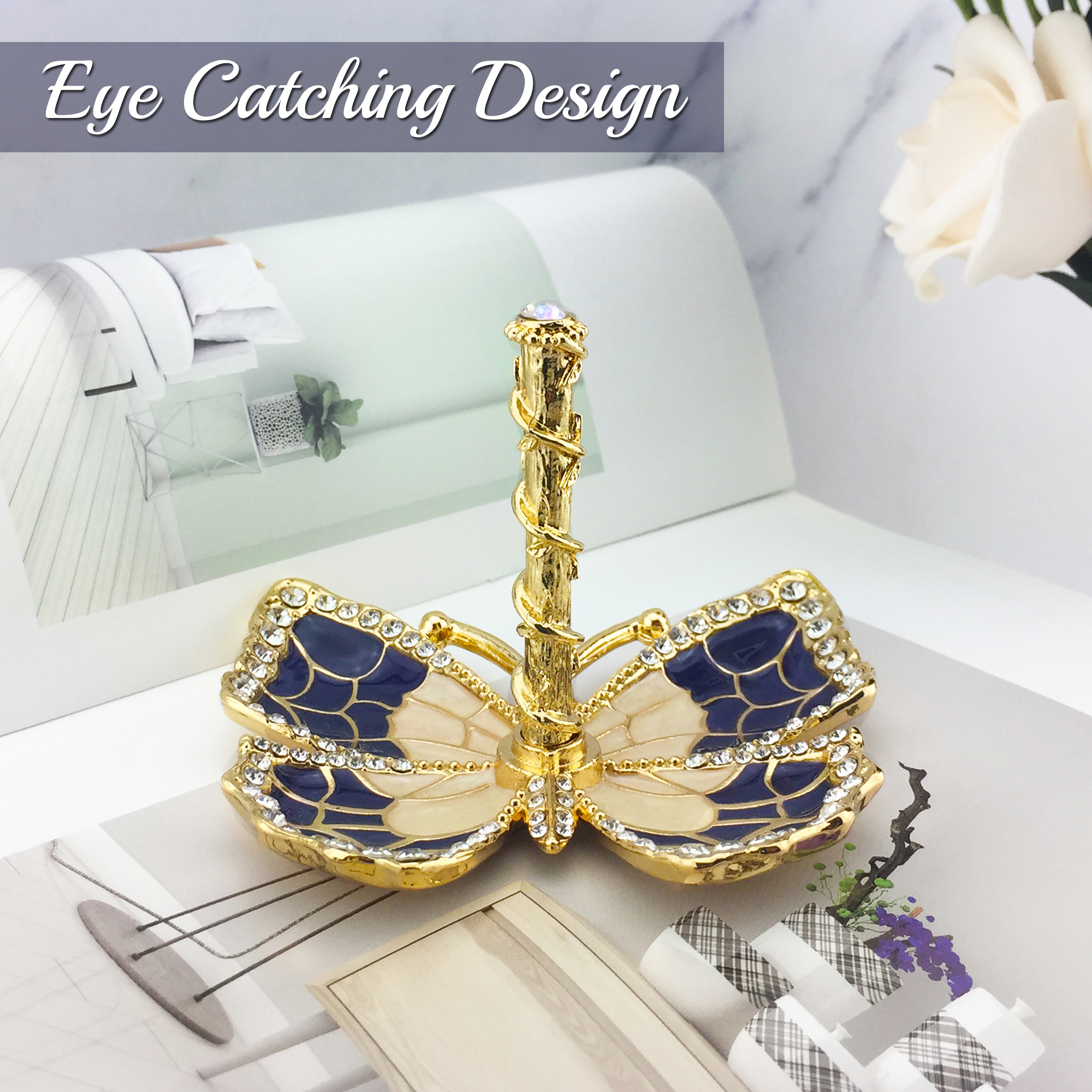 Matashi Blue Enamel And Gold Plated Butterfly Jewelry Ring Holder With Crystals, Gift For Christmas Birthday, Gift For Mom Wife Girlfriend