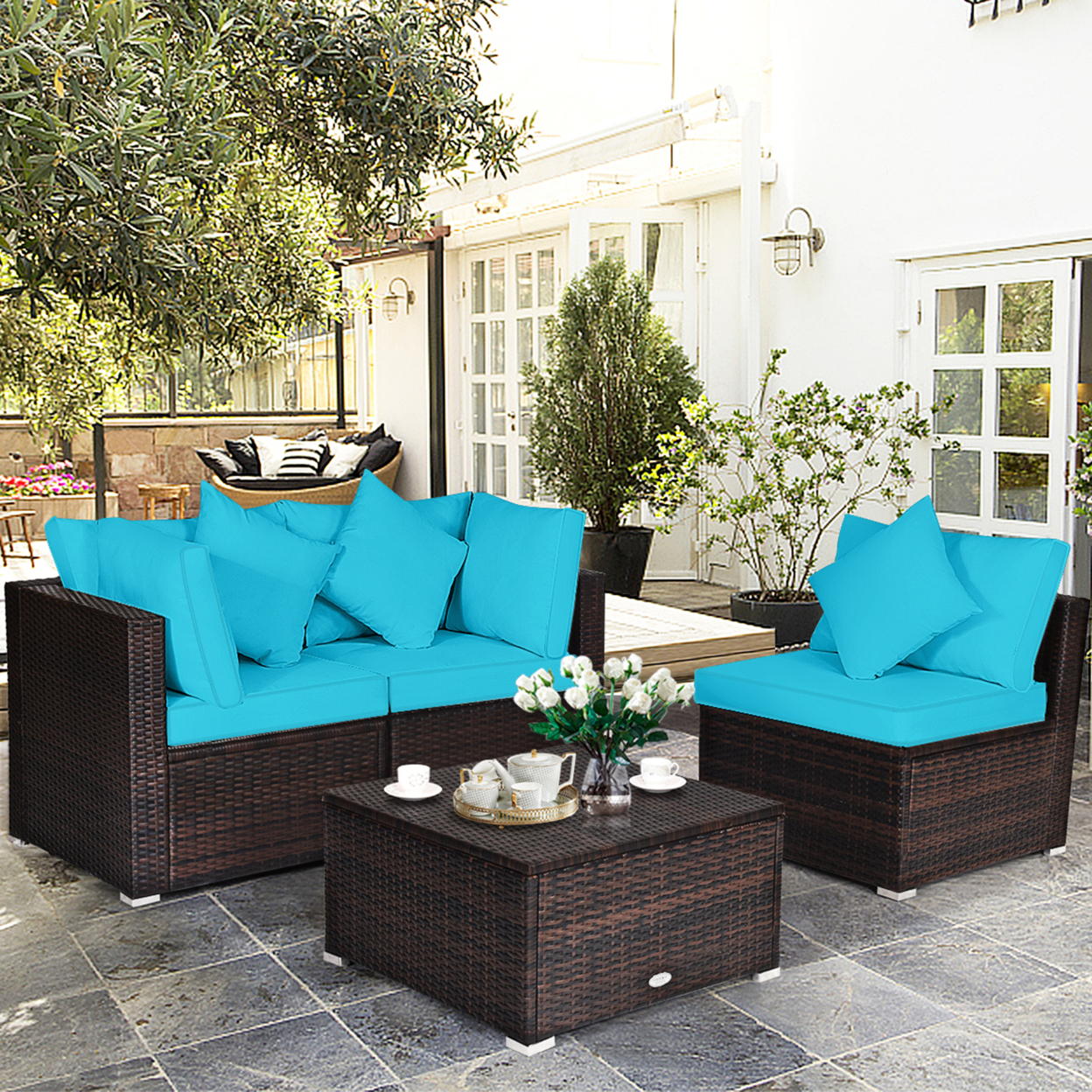 4PCS Rattan Patio Conversation Furniture Set Yard Outdoor W/ Turquoise Cushion