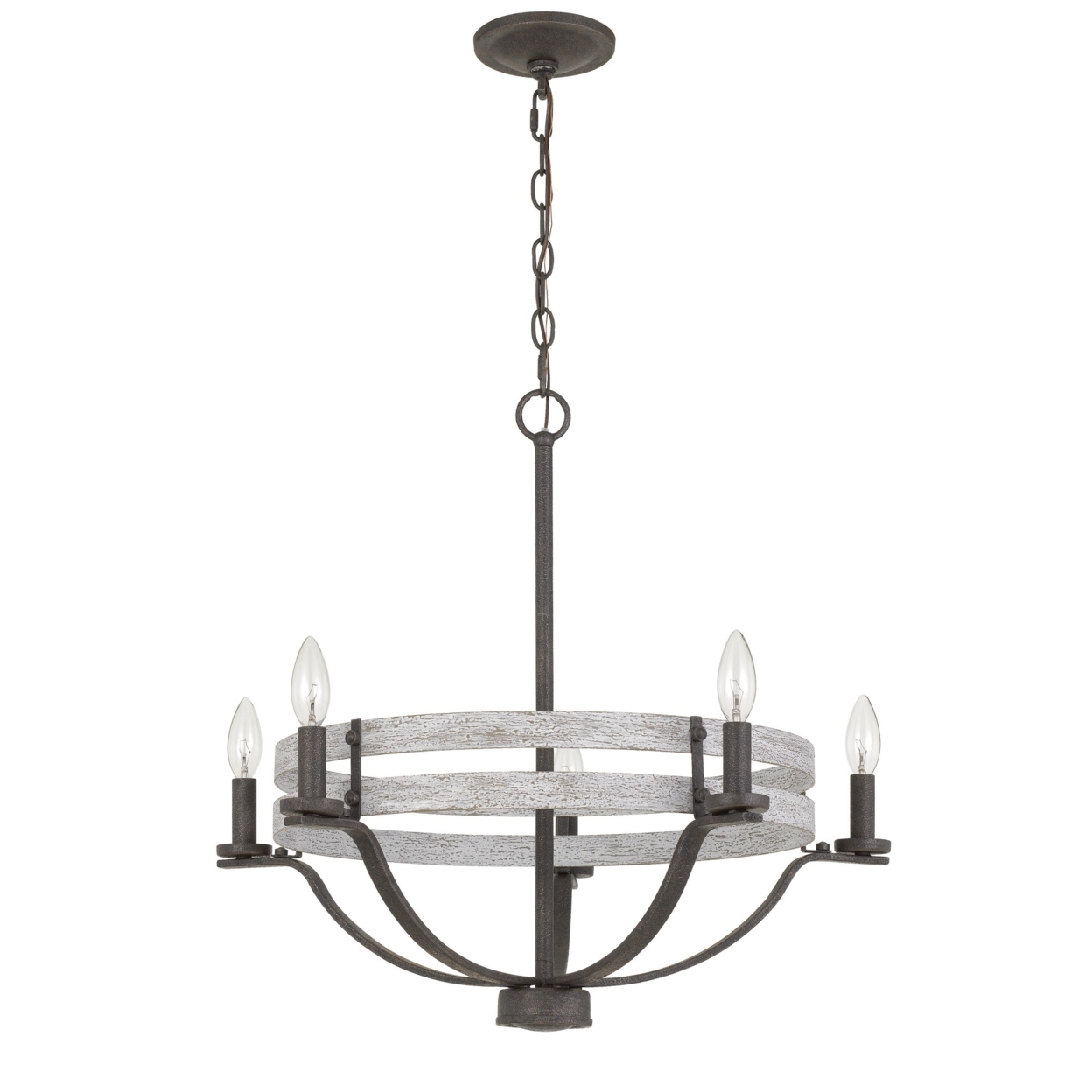 Metal Chandelier With Wooden Round Frame Support, Black And Gray- Saltoro Sherpi
