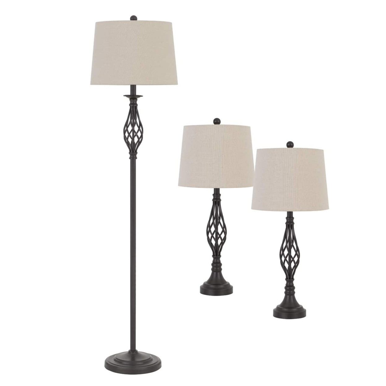 Twisted Cage Design Metal Floor Lamp With 2 Table Lamps, Bronze- Saltoro Sherpi