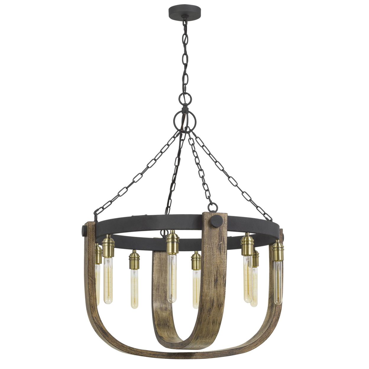 Intersected Double U Shaped Wooden Chandelier With Metal Frame, Brown- Saltoro Sherpi