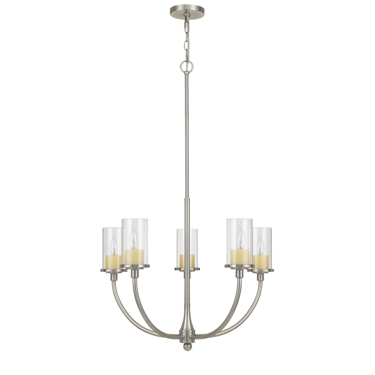 Metal Chandelier With 5 Cylindrical Glass Shades, Silver- Saltoro Sherpi