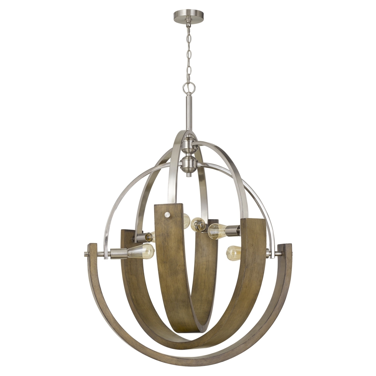 6 Bulb Metal And Wooden Chandelier, Silver And Brown- Saltoro Sherpi