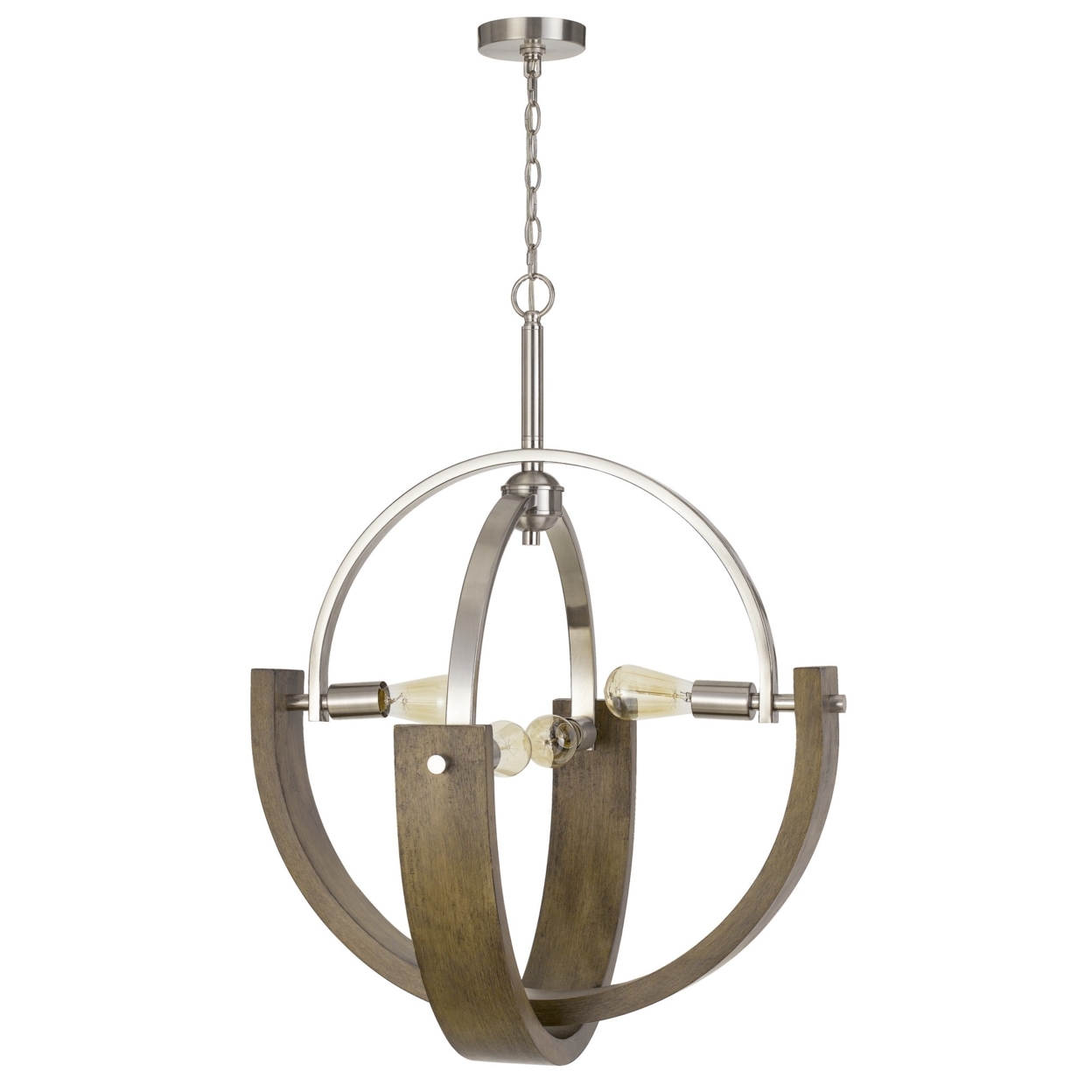 4 Bulb Metal And Wooden Chandelier, Silver And Brown- Saltoro Sherpi