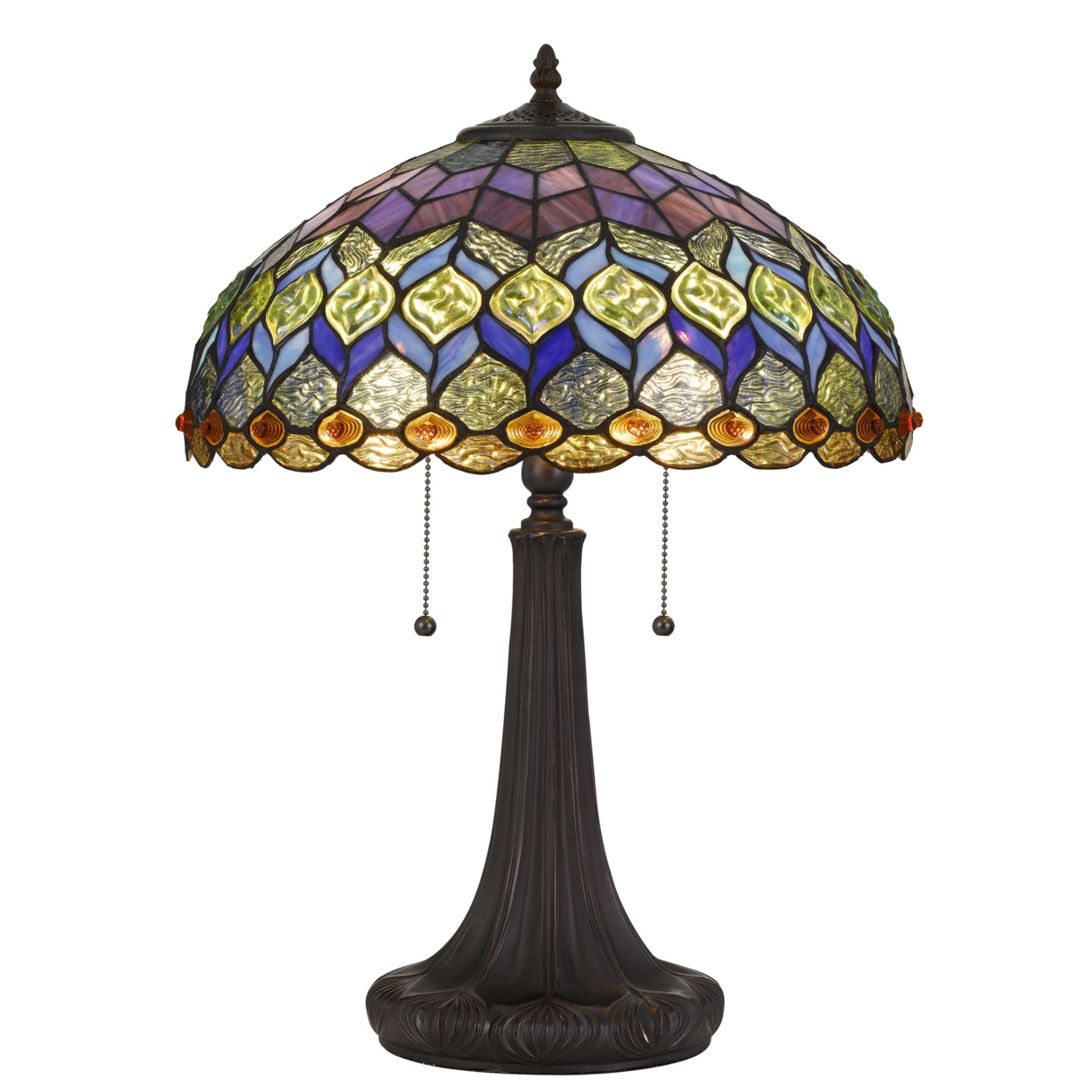 120 Watt Tiffany Table Lamp With Engraved Base, Multicolor- Saltoro Sherpi