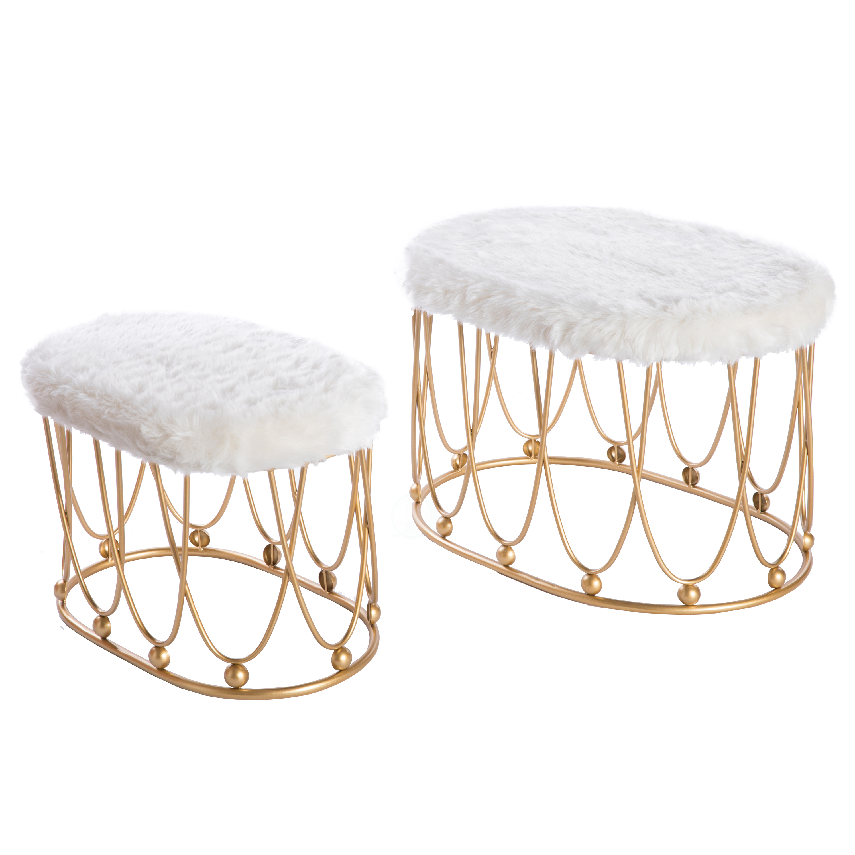Set Of 2 Gold Metal Side Accent Table Stools With White Fur Top Seat