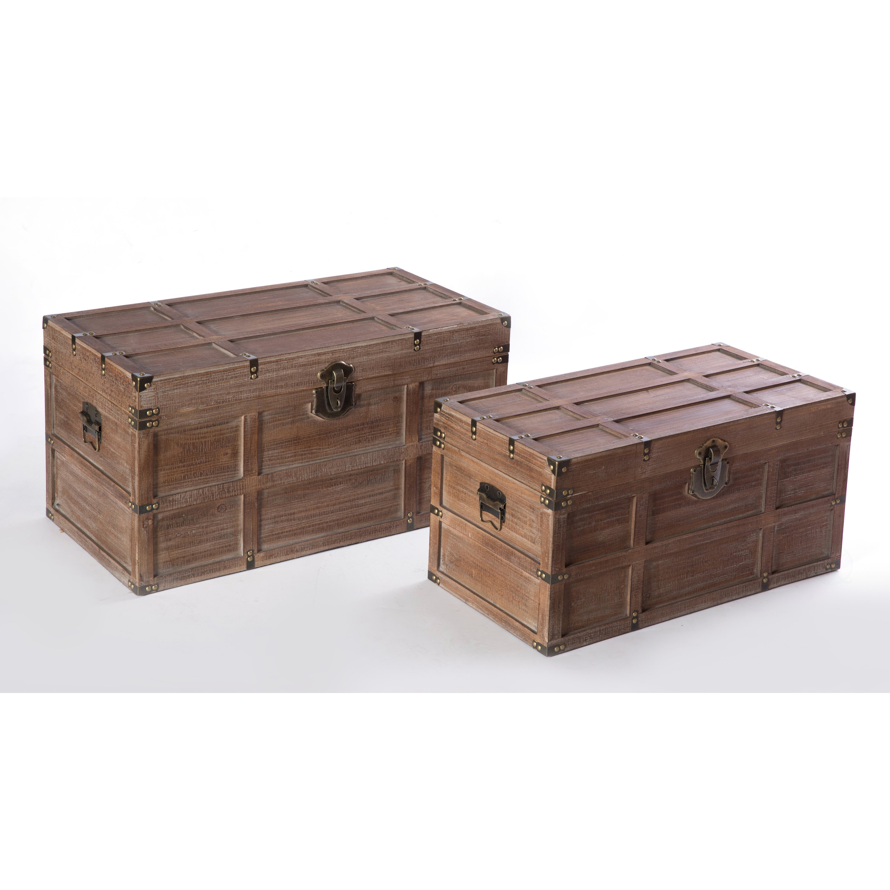 Wooden Rectangular Lined Rustic Storage Trunk With Latc - Set Of 2