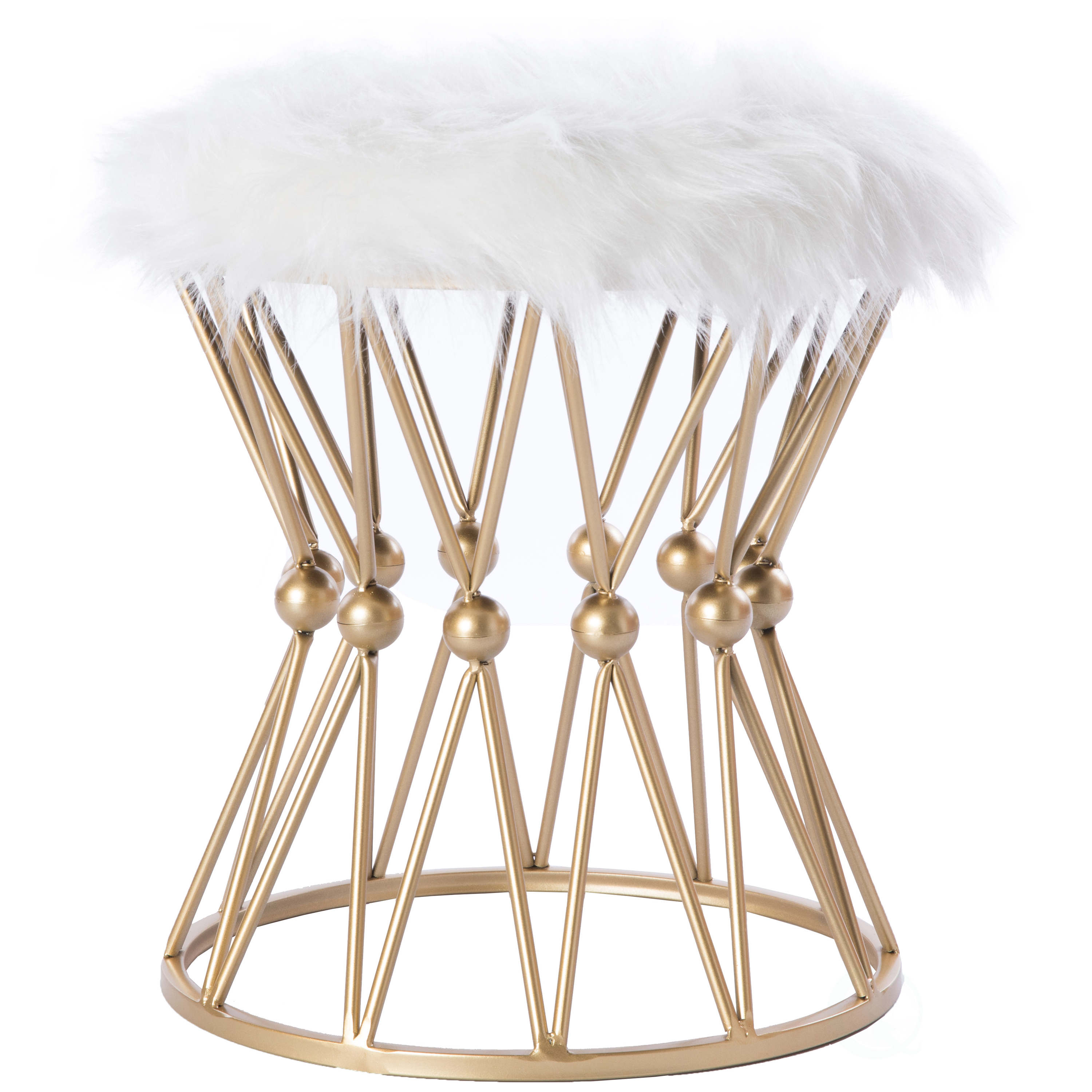 Round Gold Metal Accent Vanity Stool With White Fur Top Seat, Decorative Side Table