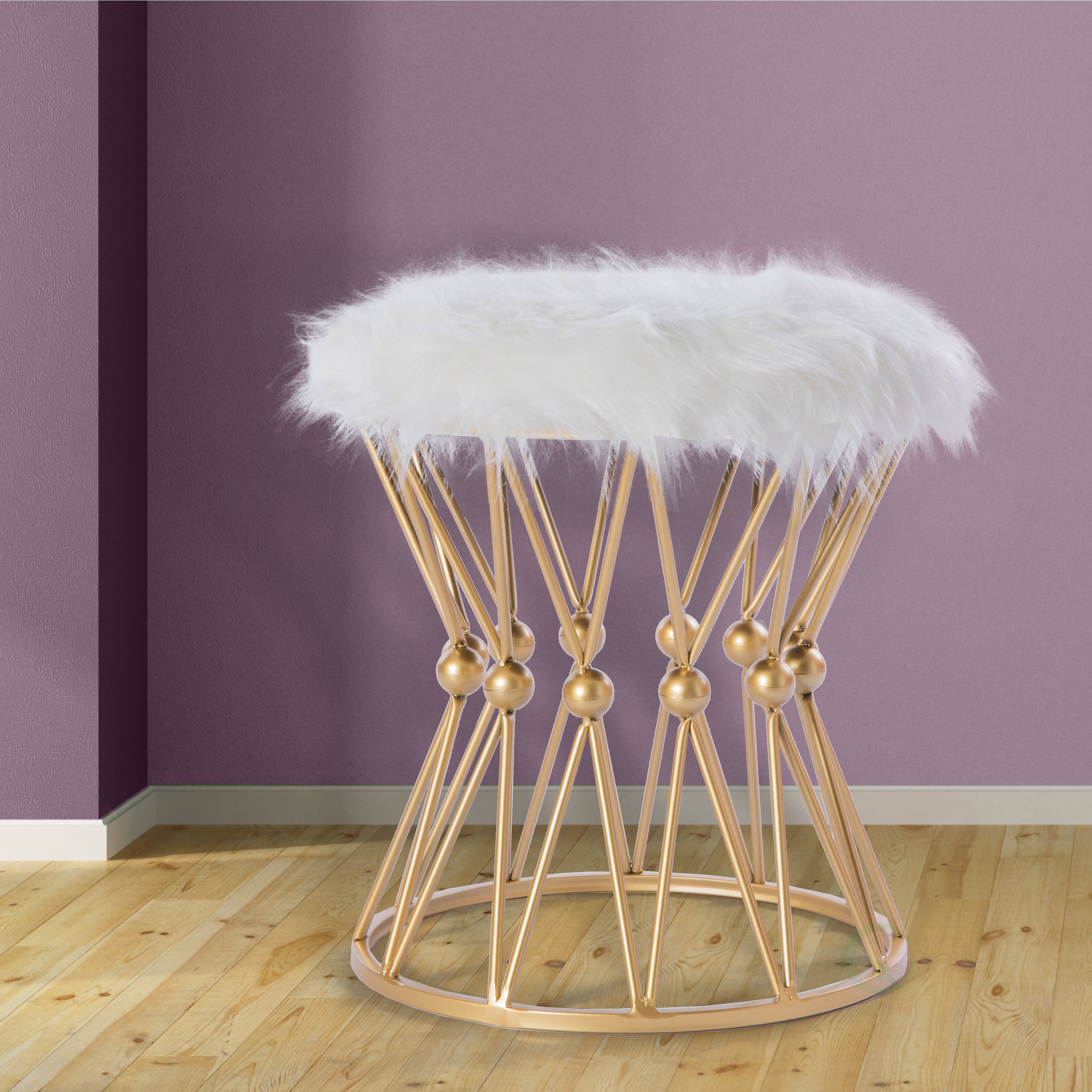 Round Gold Metal Accent Vanity Stool With White Fur Top Seat, Decorative Side Table