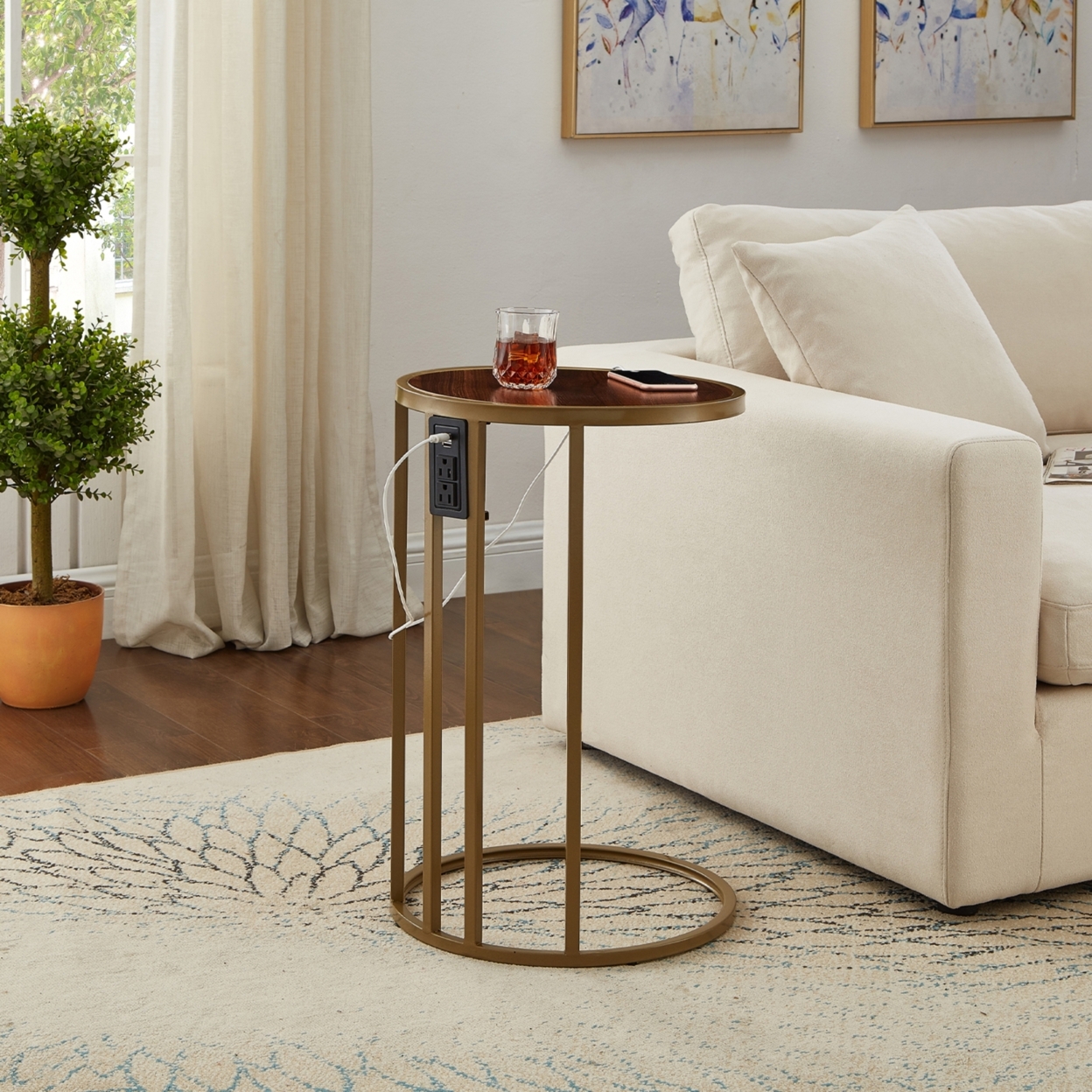 Galilea End Table - 2 USB Charging Ports 2 Outlets Power Plug - walnut/gold