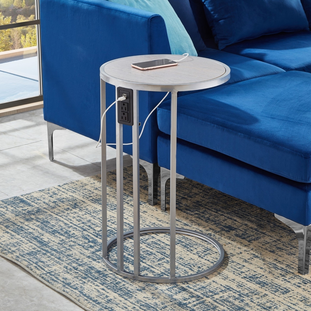 Galilea End Table - 2 USB Charging Ports 2 Outlets Power Plug - grey/chrome