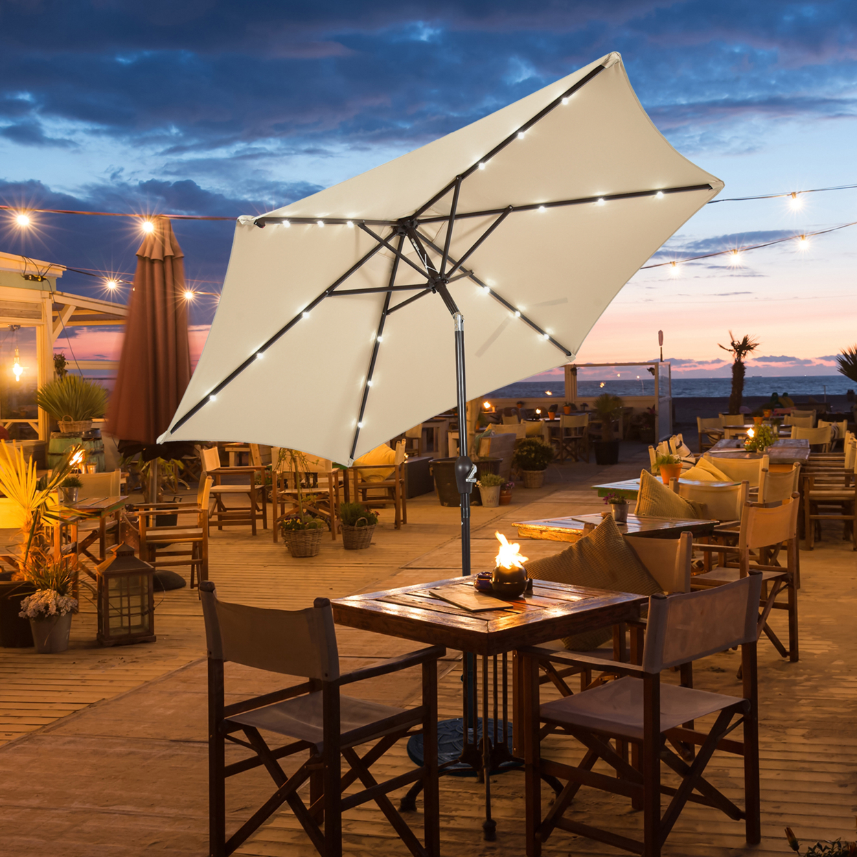 9 Ft Patio Table Market Umbrella Yard Outdoor W/ Solar LED Lights - Beige