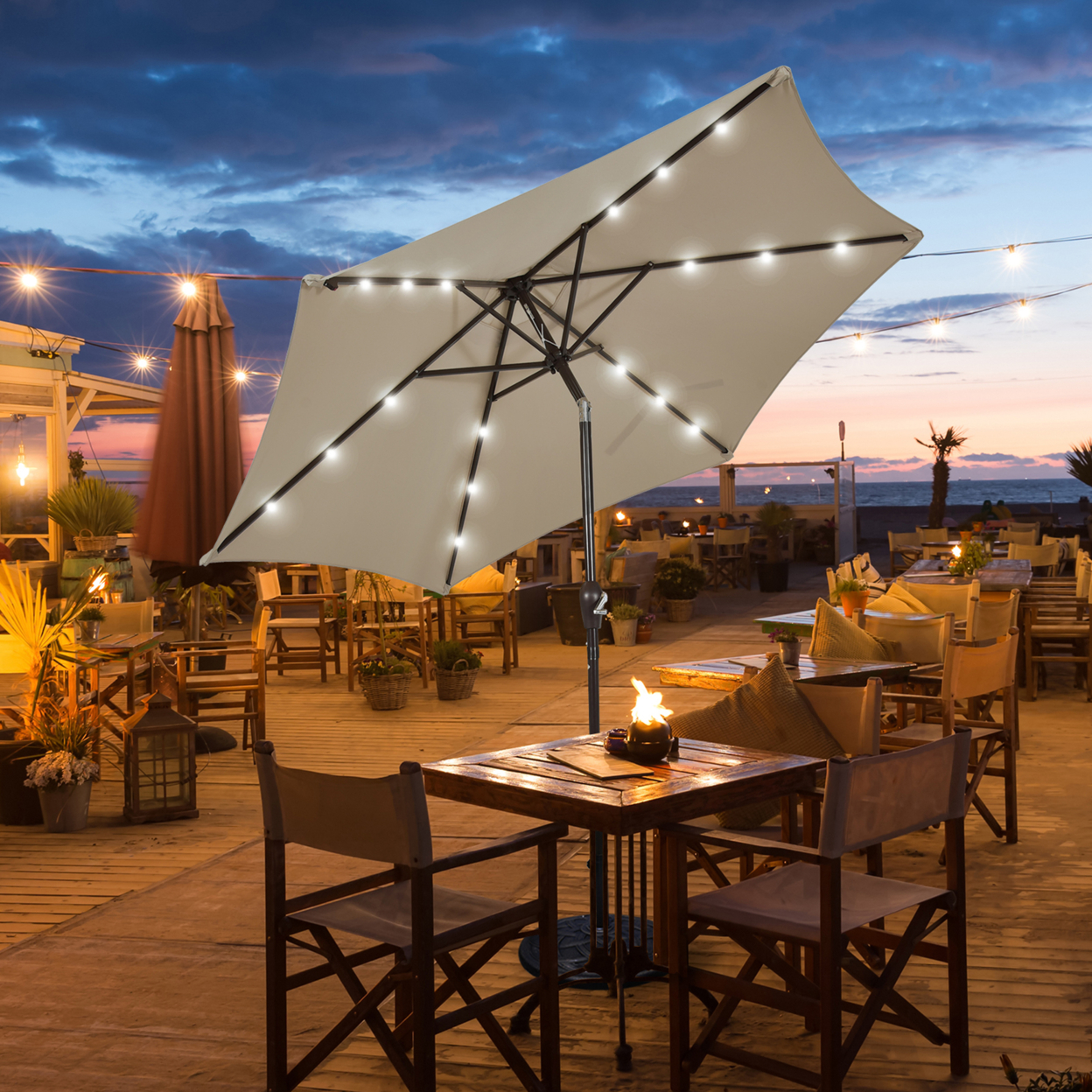 9 Ft Patio Table Market Umbrella Yard Outdoor W/ Solar LED Lights - Tan