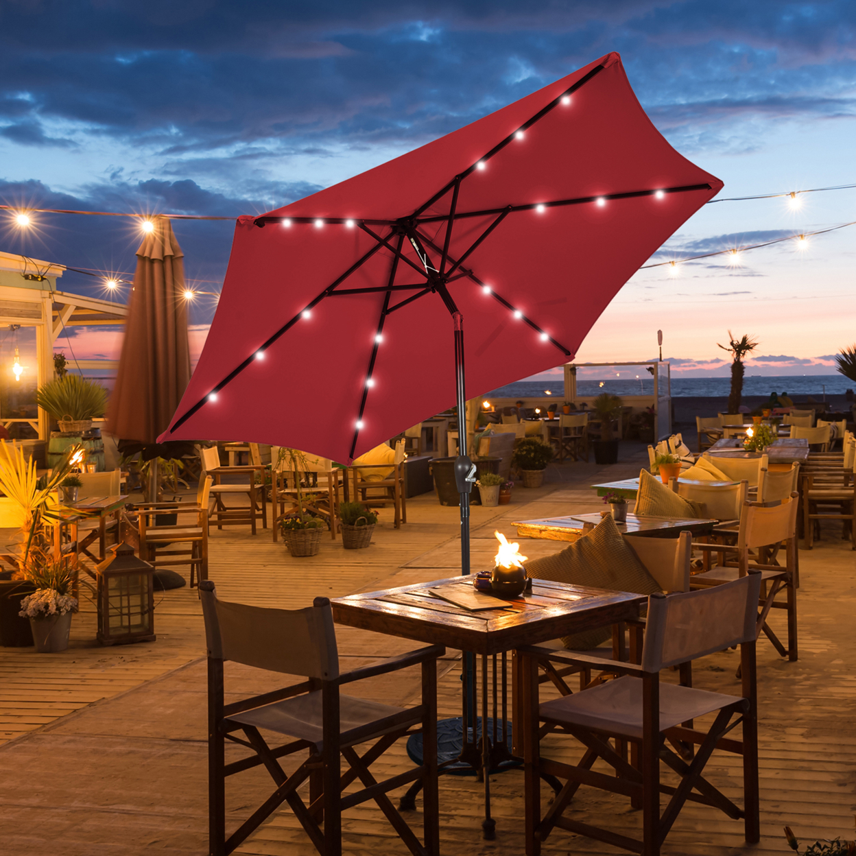 9 Ft Patio Table Market Umbrella Yard Outdoor W/ Solar LED Lights - Burgundy