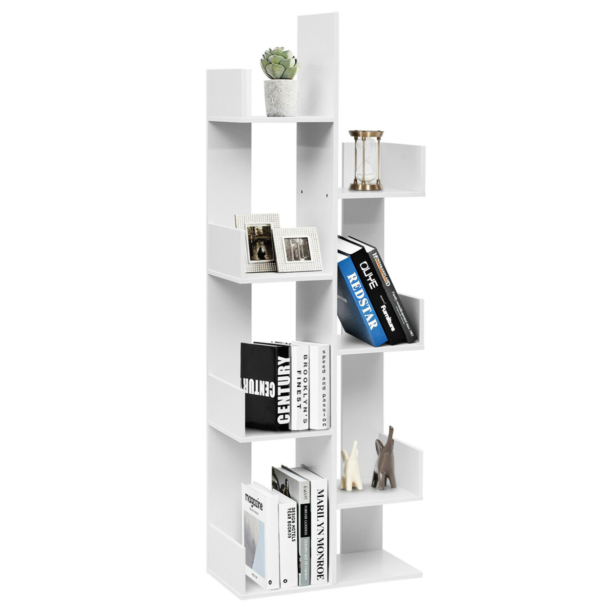 8-Tier Bookshelf Bookcase W/8 Open Compartments Space-Saving Storage Rack - White