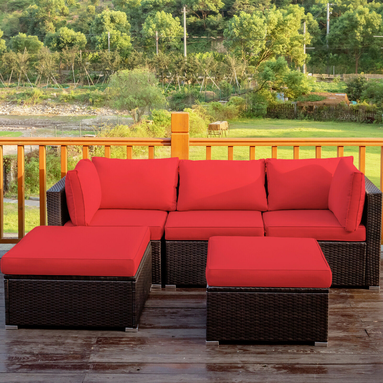 5PCS Rattan Patio Conversation Set Outdoor Furniture Set W/ Ottoman Red Cushion