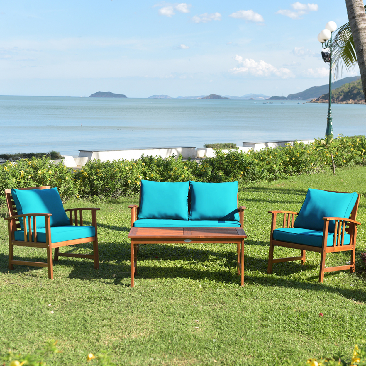4pcs Wooden Patio Furniture Set Table & Sectional Sofa W/ Turquoise Cushion