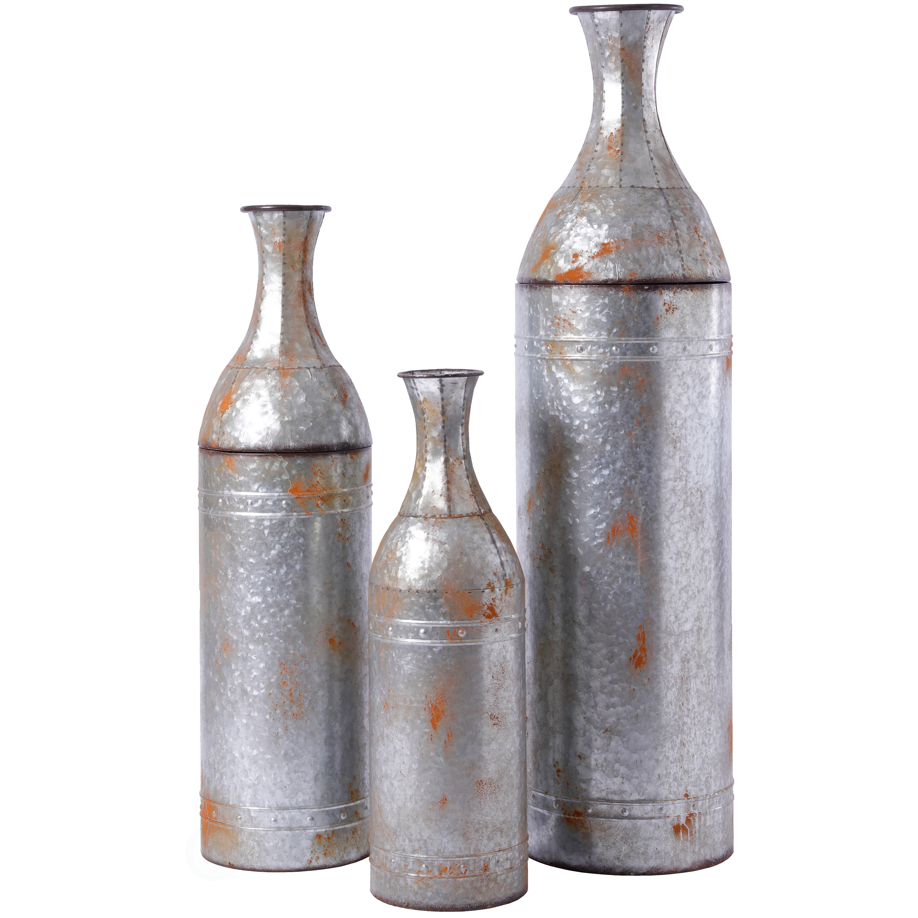 Rustic Farmhouse Style Galvanized Metal Floor Vase Decoration - Set Of 3