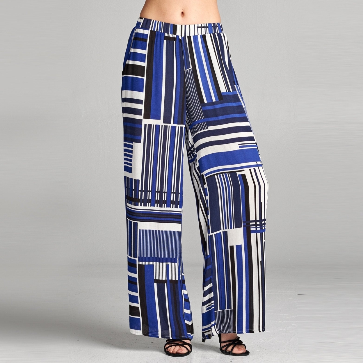 Abstract Stripe Wide Leg Pants - Navy, Small (0-4)
