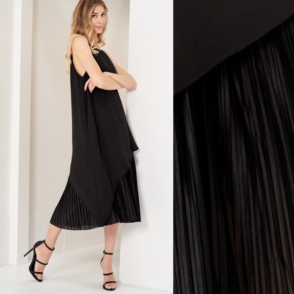 Asymmetrical Pleated Midi Dress - Black, Small (2-6)