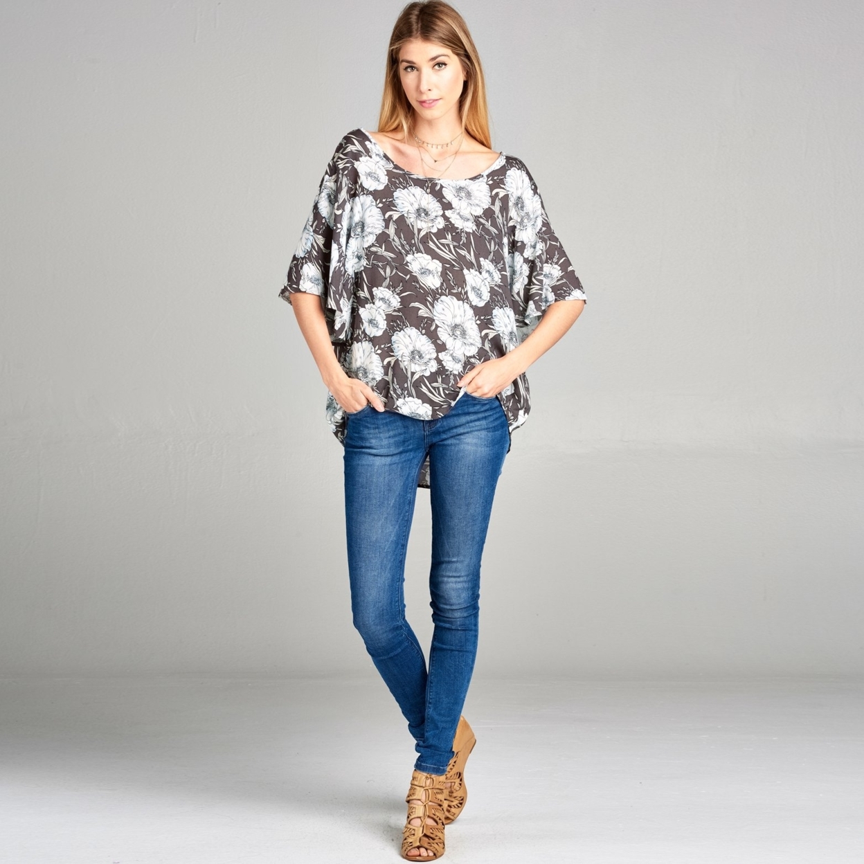 Butterfly Sleeve Floral Top - Warm Grey, Small (2-6)