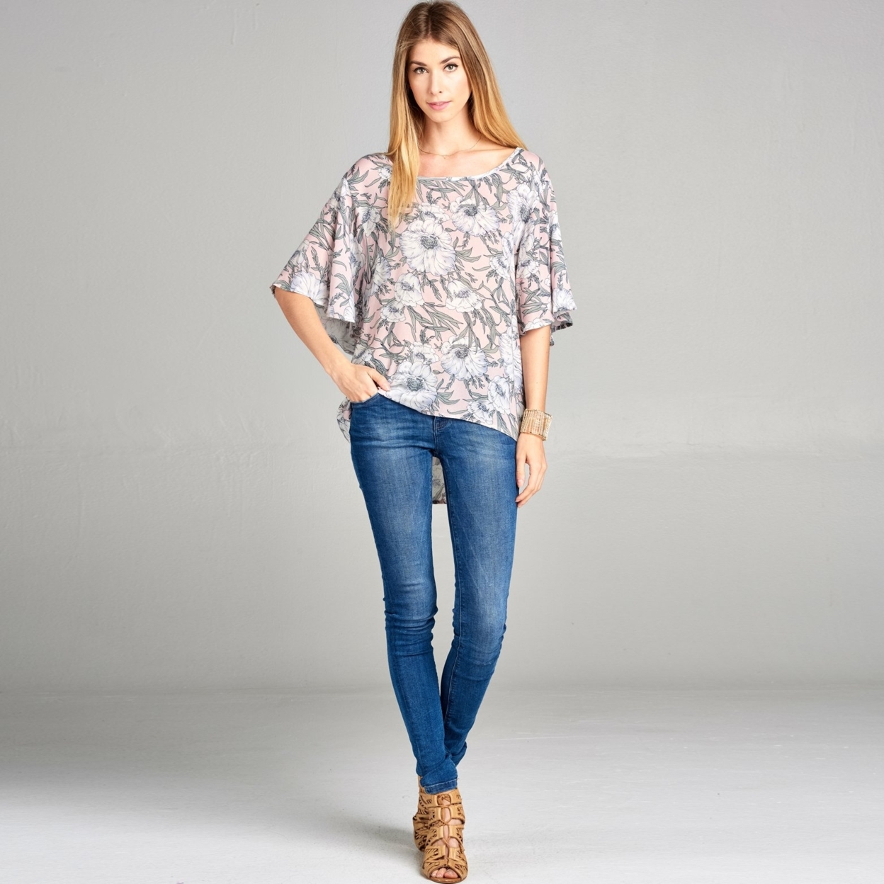 Butterfly Sleeve Floral Top - Dusty Pink, Medium (8-10)